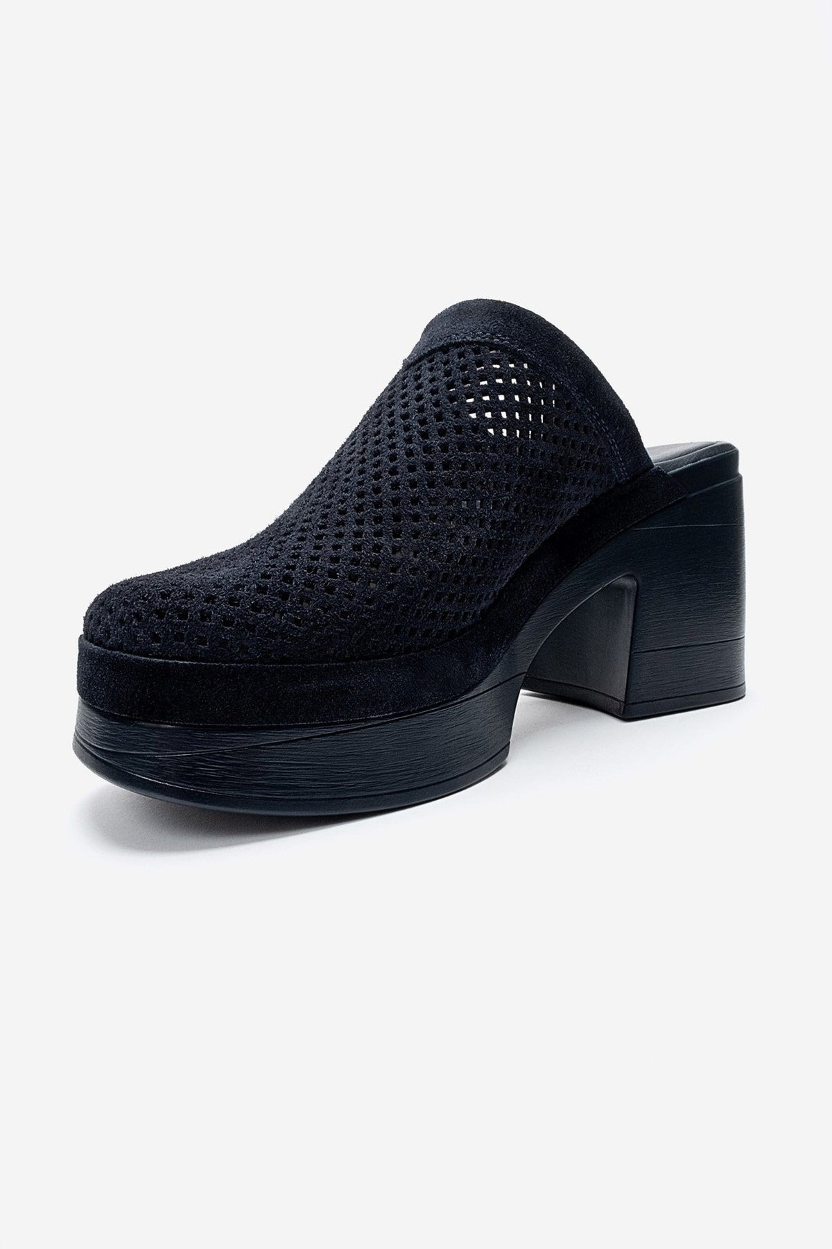 DEJAS - Navy Genuine Leather Platform Block Heel Mule – top view showing leather, suede, Vowalisse