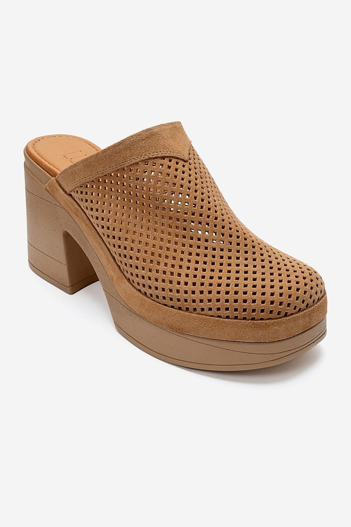 DEJAS - Cognac Genuine Leather Platform Block Heel Mule – detail view showing leather, suede, Vowalisse