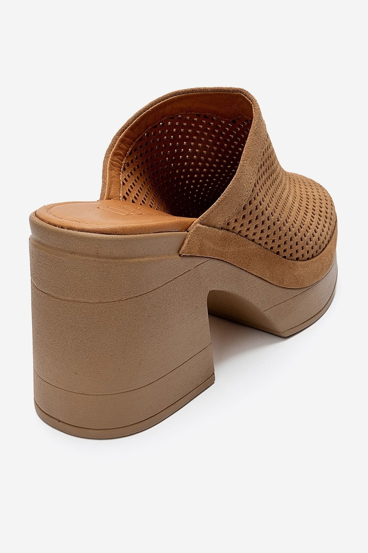 DEJAS - Cognac Genuine Leather Platform Block Heel Mule – back view showing leather, suede, Vowalisse