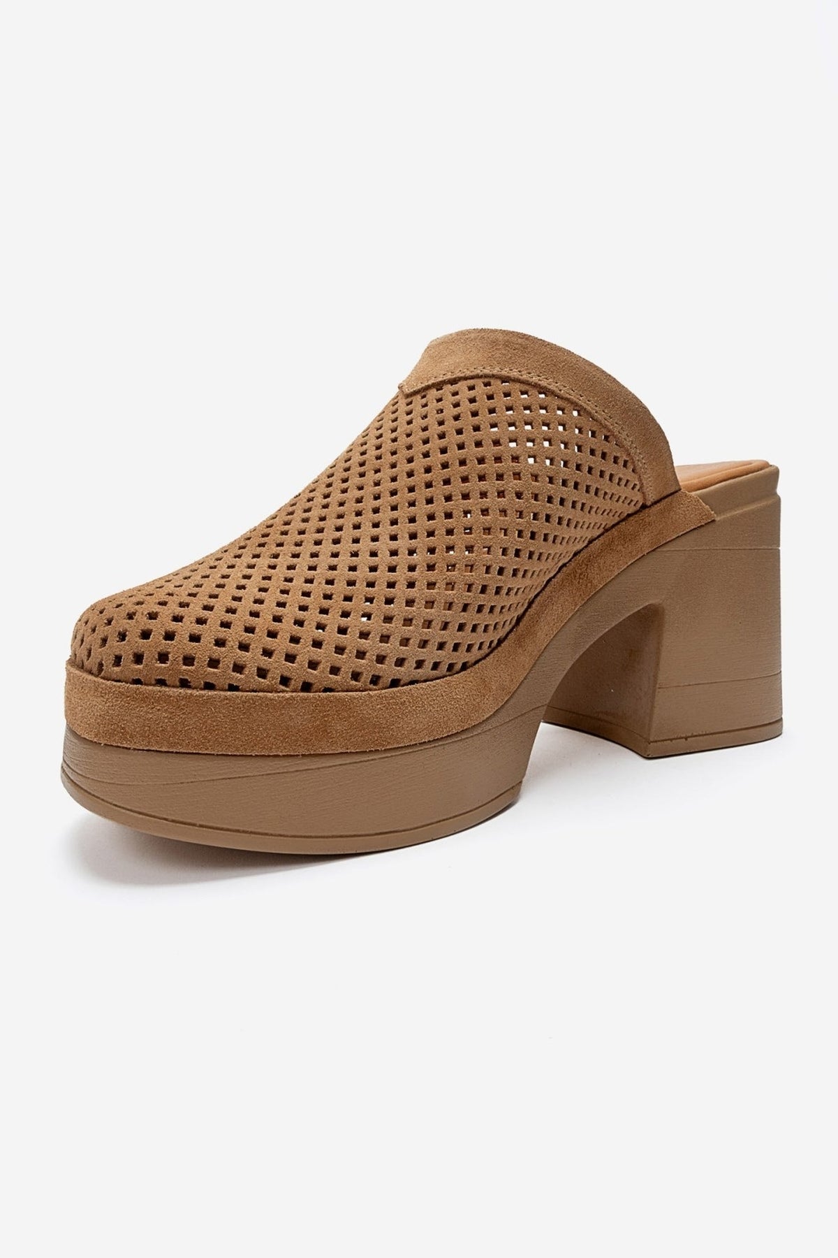 DEJAS - Cognac Genuine Leather Platform Block Heel Mule – top view showing leather, suede, Vowalisse