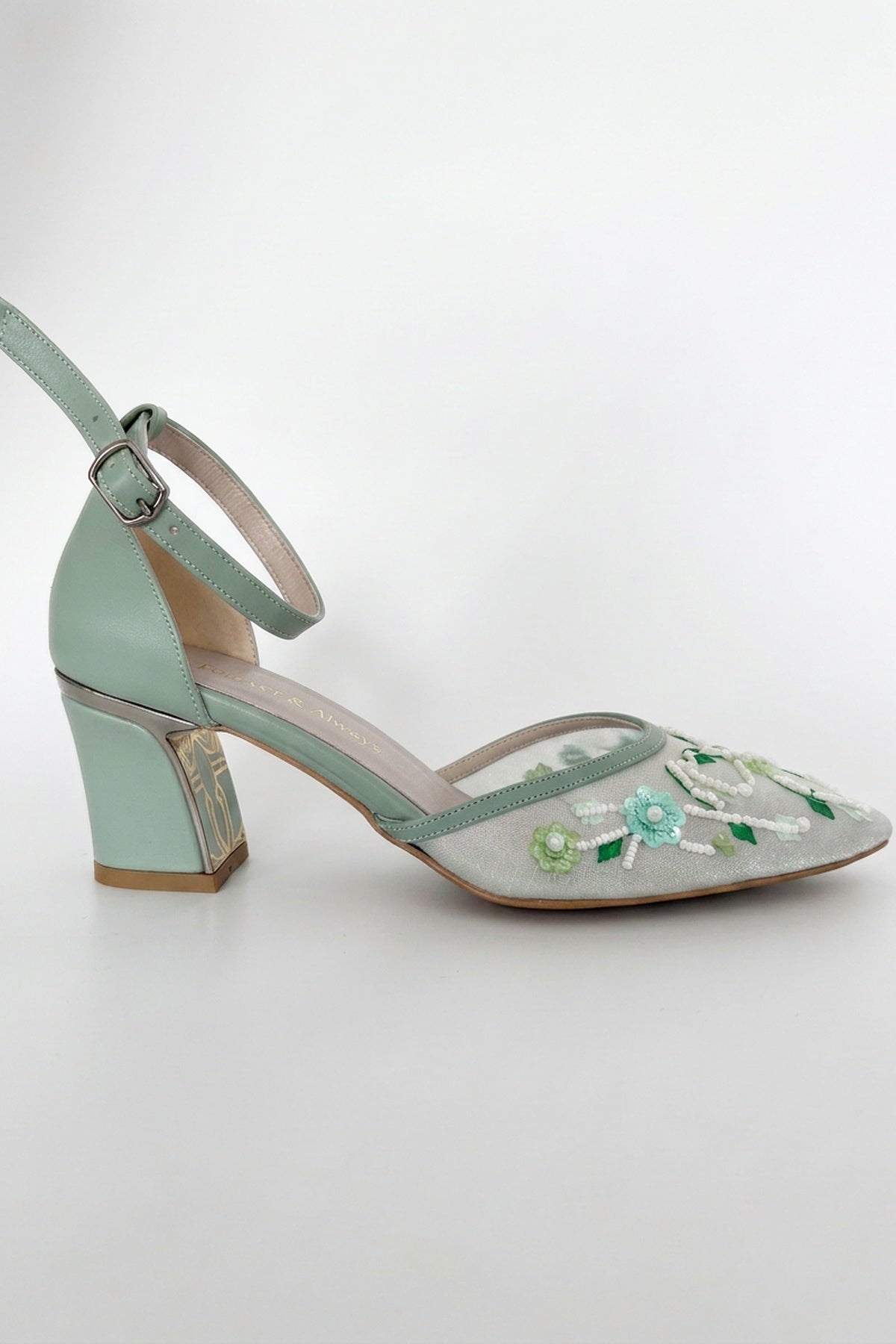 Lorelai Sage Green Embroidered Mesh Pumps – side view showing beaded, mesh, metallic, Vowalisse