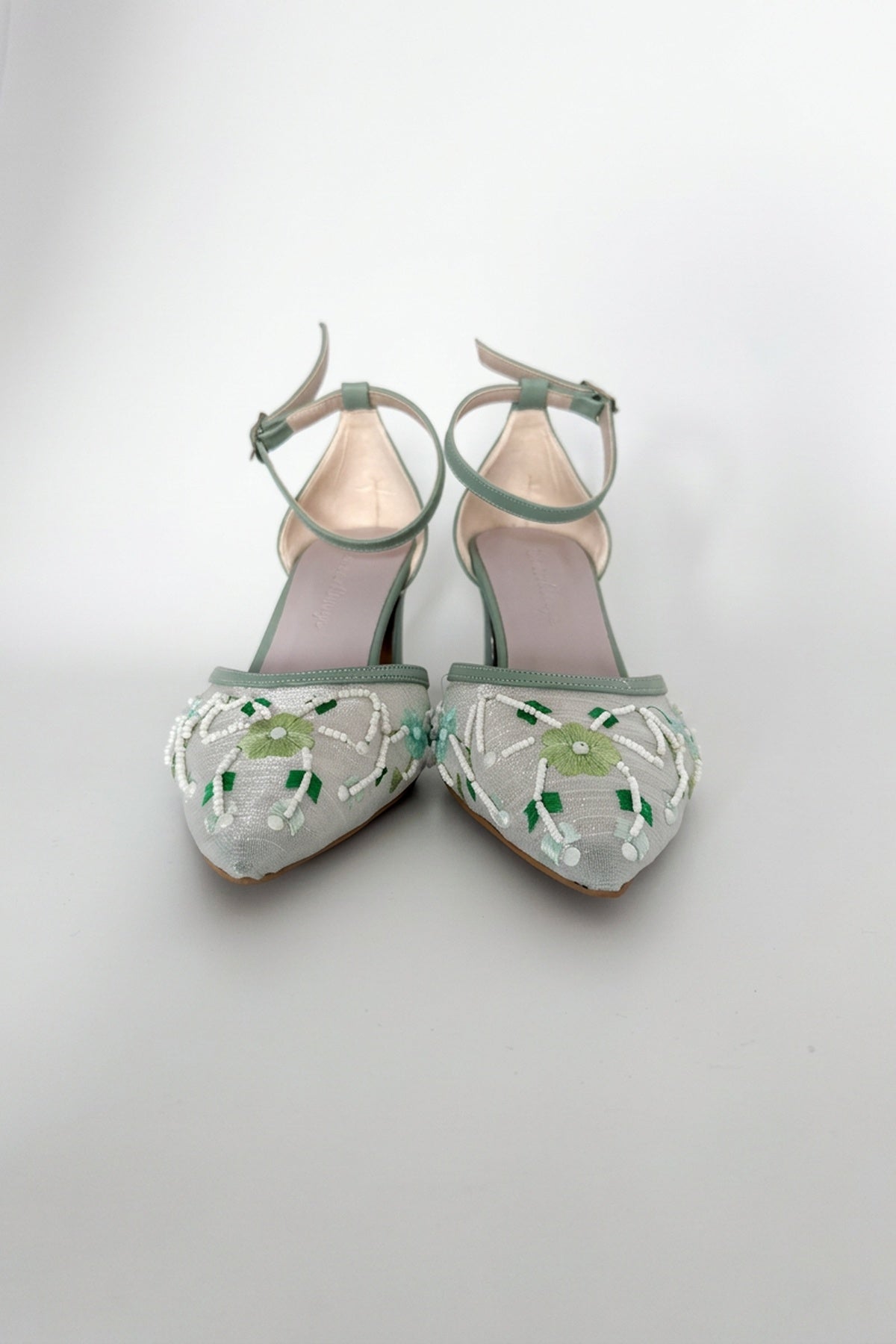 Lorelai Sage Green Embroidered Mesh Pumps – back view showing beaded, mesh, metallic, Vowalisse