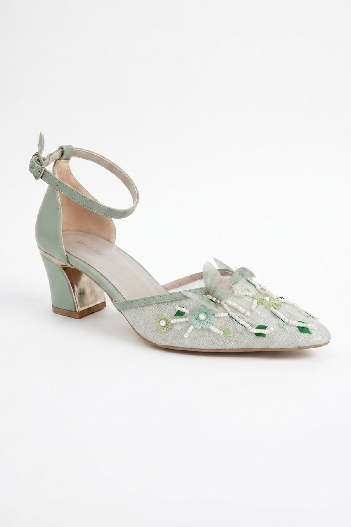 Iry Sage Green Butterfly Embroidered Mesh Pumps – front three-quarter view showing mesh, metallic, red, Vowalisse