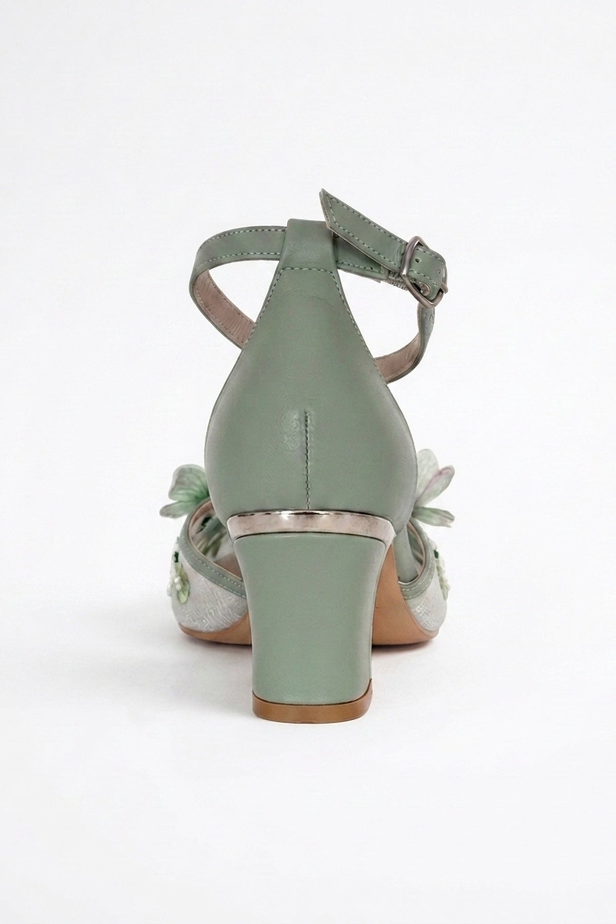 Iry Sage Green Butterfly Embroidered Mesh Pumps – detail view showing mesh, metallic, red, Vowalisse