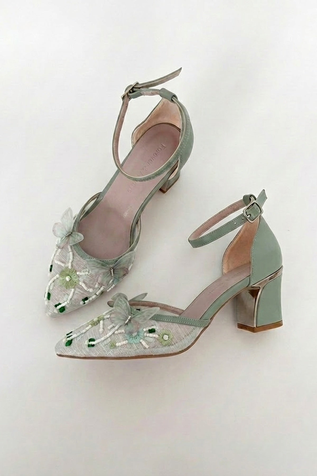 Iry Sage Green Butterfly Embroidered Mesh Pumps – back view showing mesh, metallic, red, Vowalisse