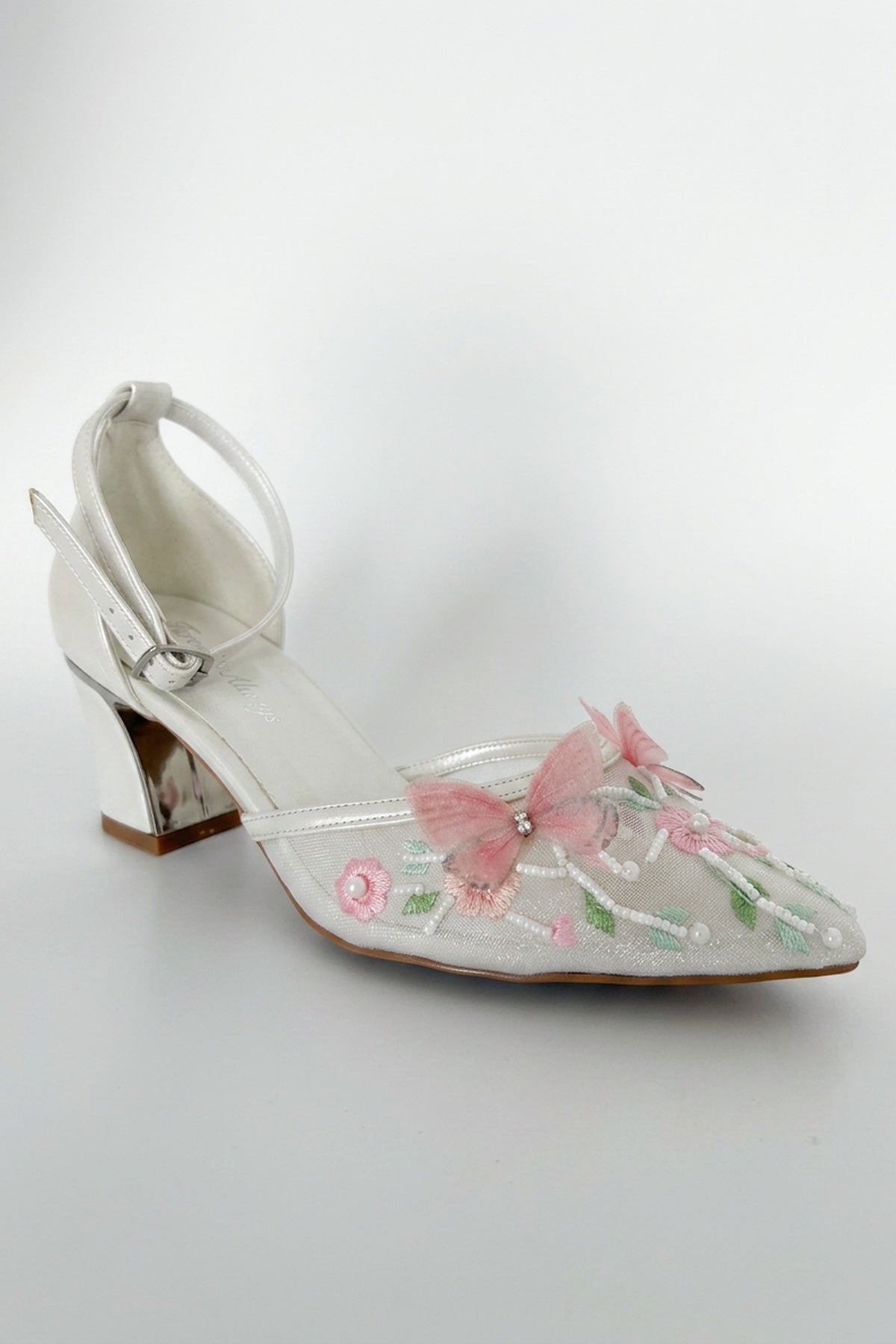Iry Ivory Butterfly Embroidered Mesh Pumps – front three-quarter view showing mesh, metallic, ivory, Vowalisse