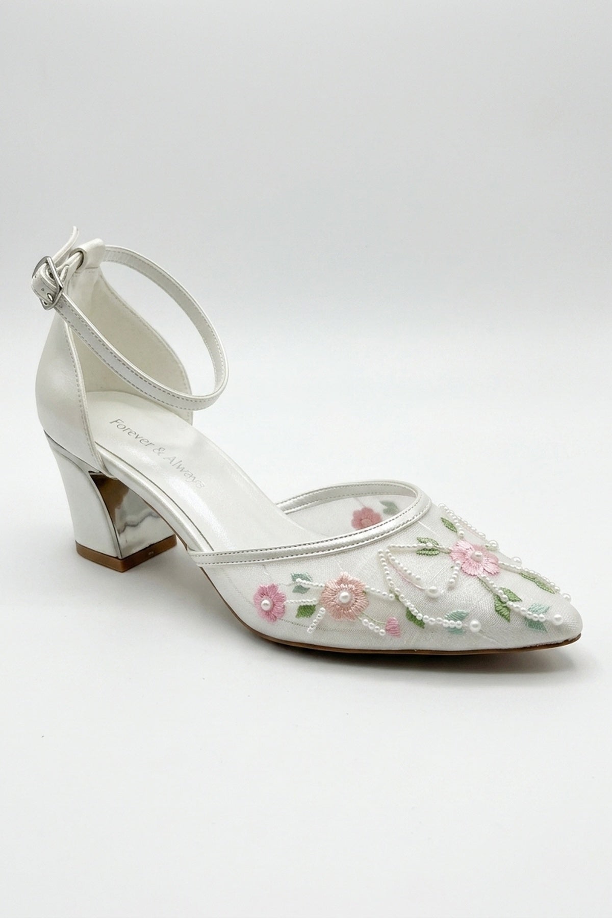 Lorelai Ivory Embroidered Mesh Pumps – front three-quarter view showing beaded, mesh, metallic, Vowalisse
