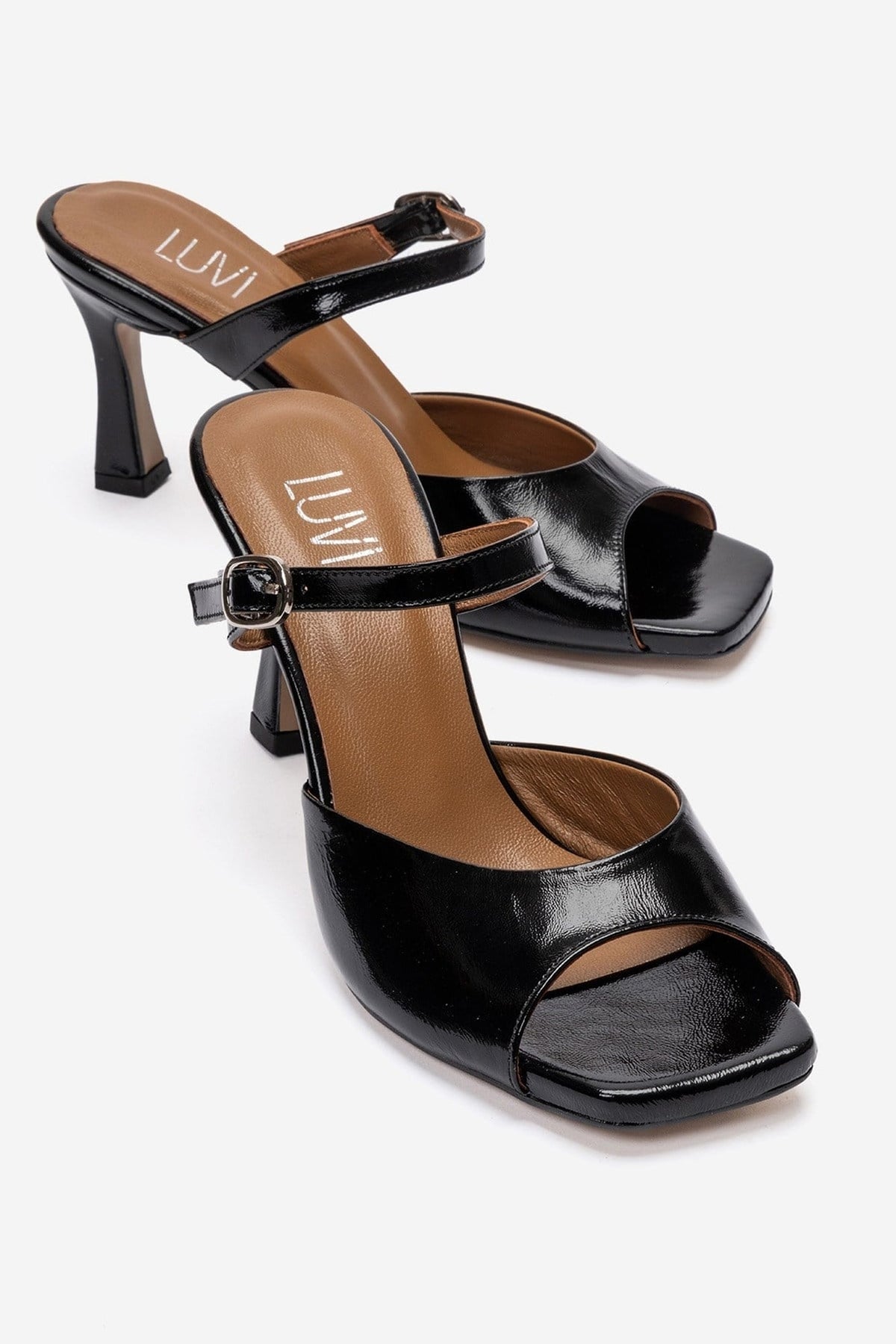 Urael - Black Genuine Leather Heeled Sandal – front three-quarter view showing leather, black, Vowalisse