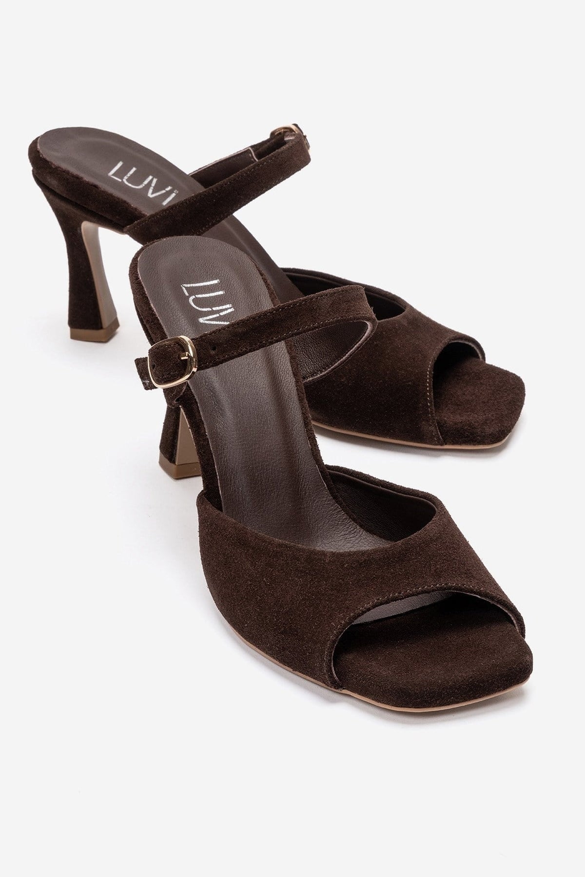 Urael - Brown Suede Genuine Leather Heeled Sandal – front three-quarter view showing leather, suede, Vowalisse