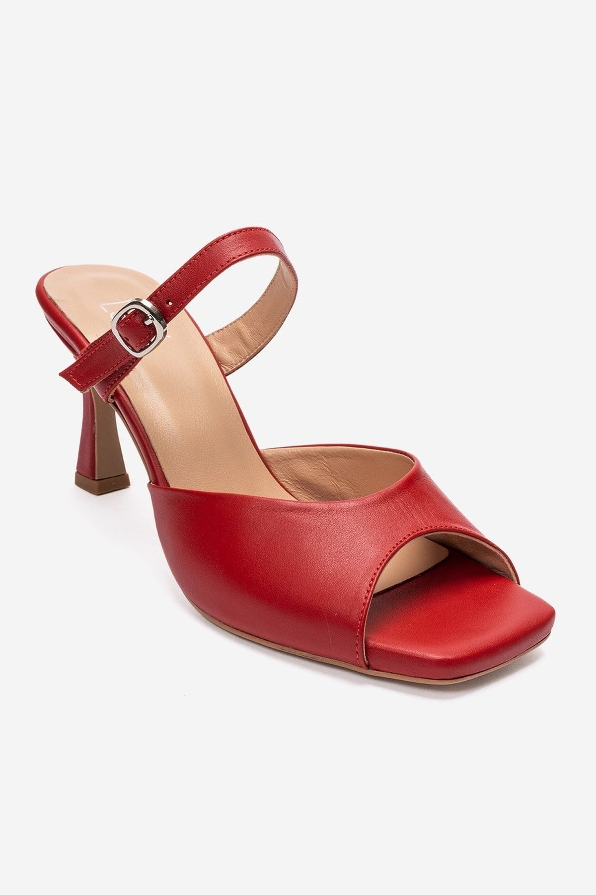 Urael - Red Genuine Leather Heeled Sandal – detail view showing leather, red, Vowalisse