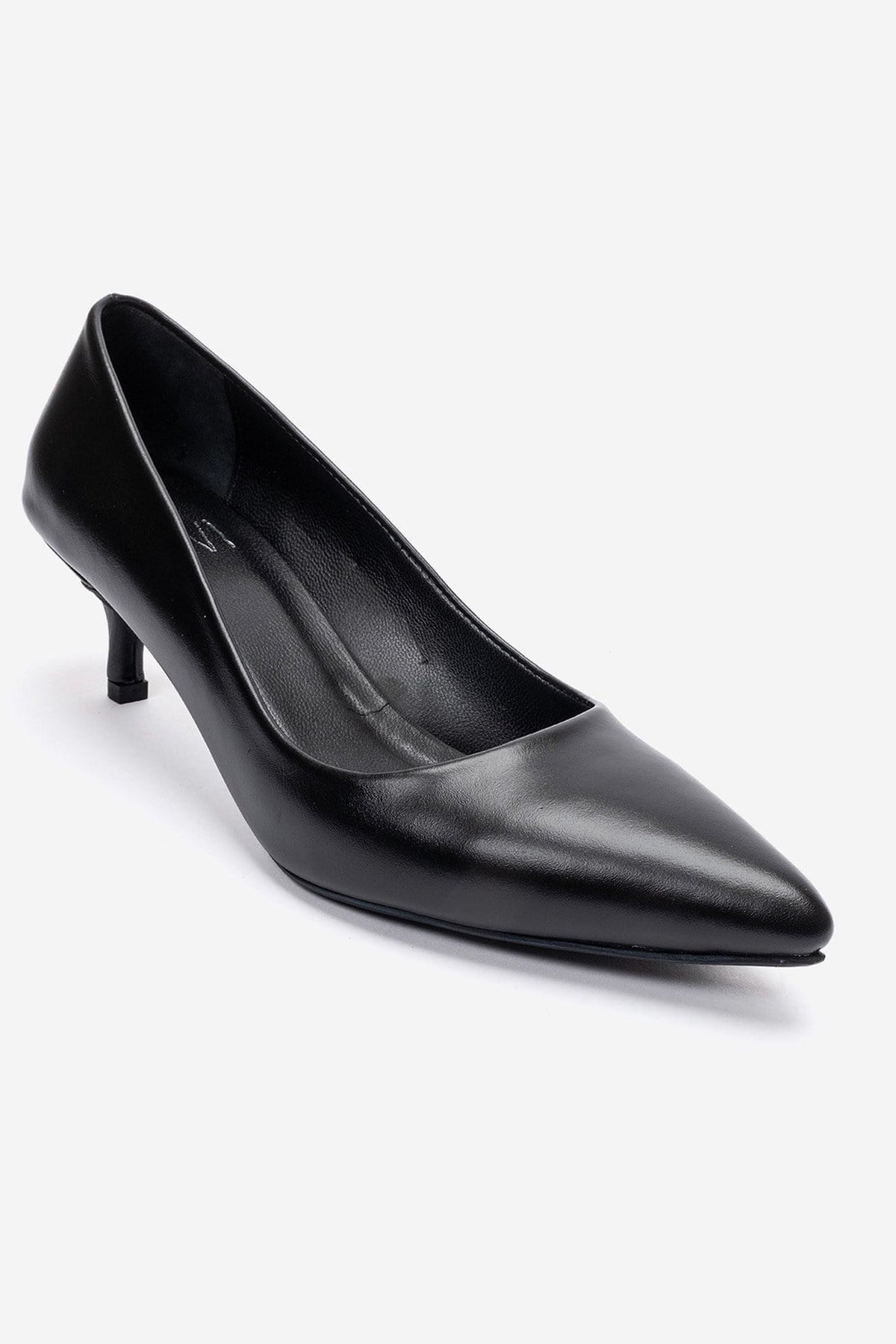 Jalen - Black Genuine Leather Stiletto Pump – detail view showing leather, black, Vowalisse