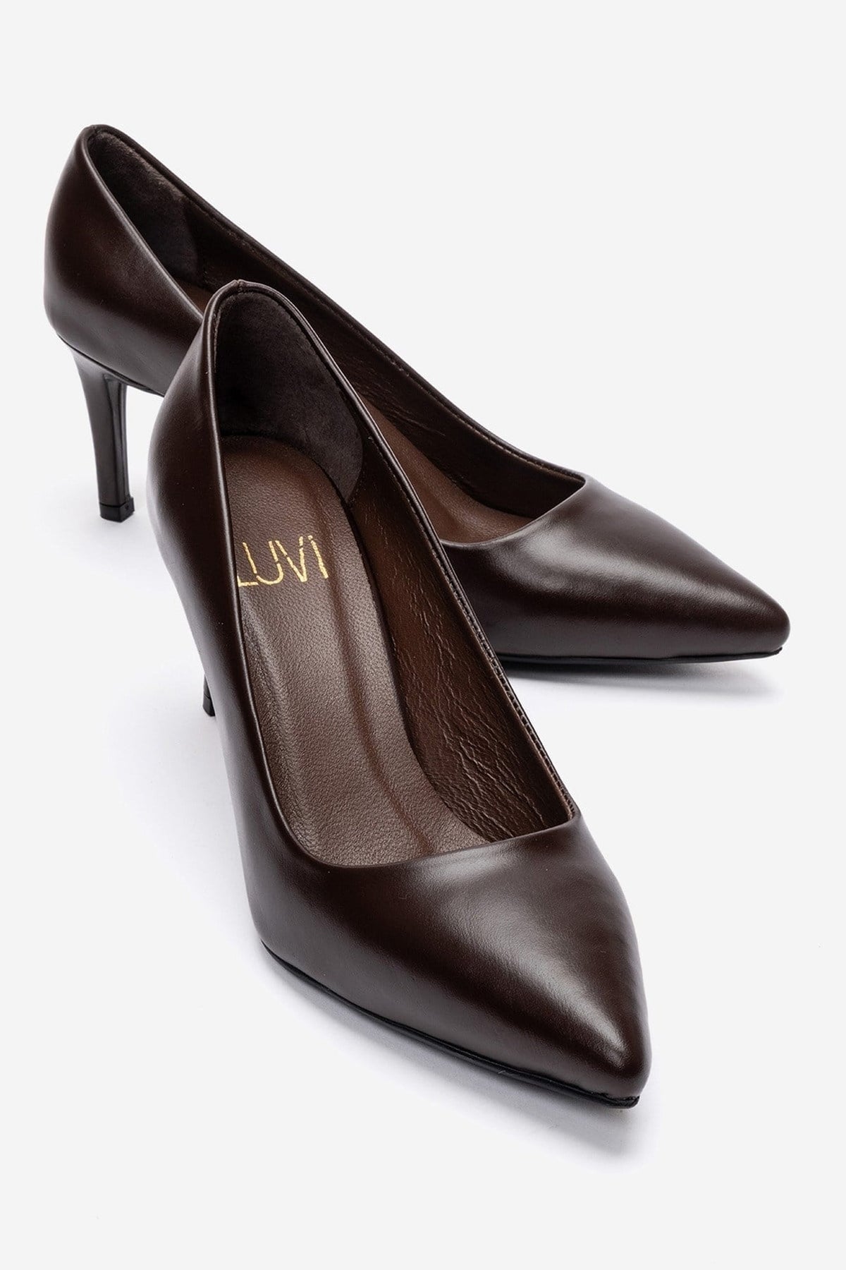 Clyde - Brown Genuine Leather Stiletto Pump – front three-quarter view showing leather, Vowalisse