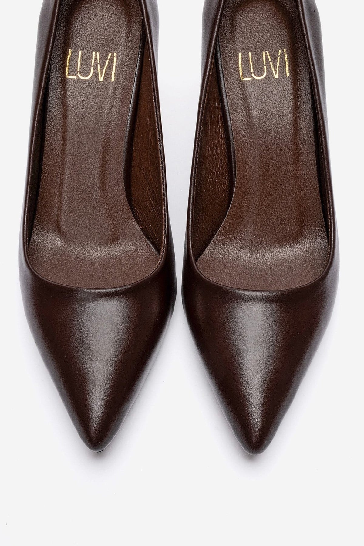 Clyde - Brown Genuine Leather Stiletto Pump – side view showing leather, Vowalisse