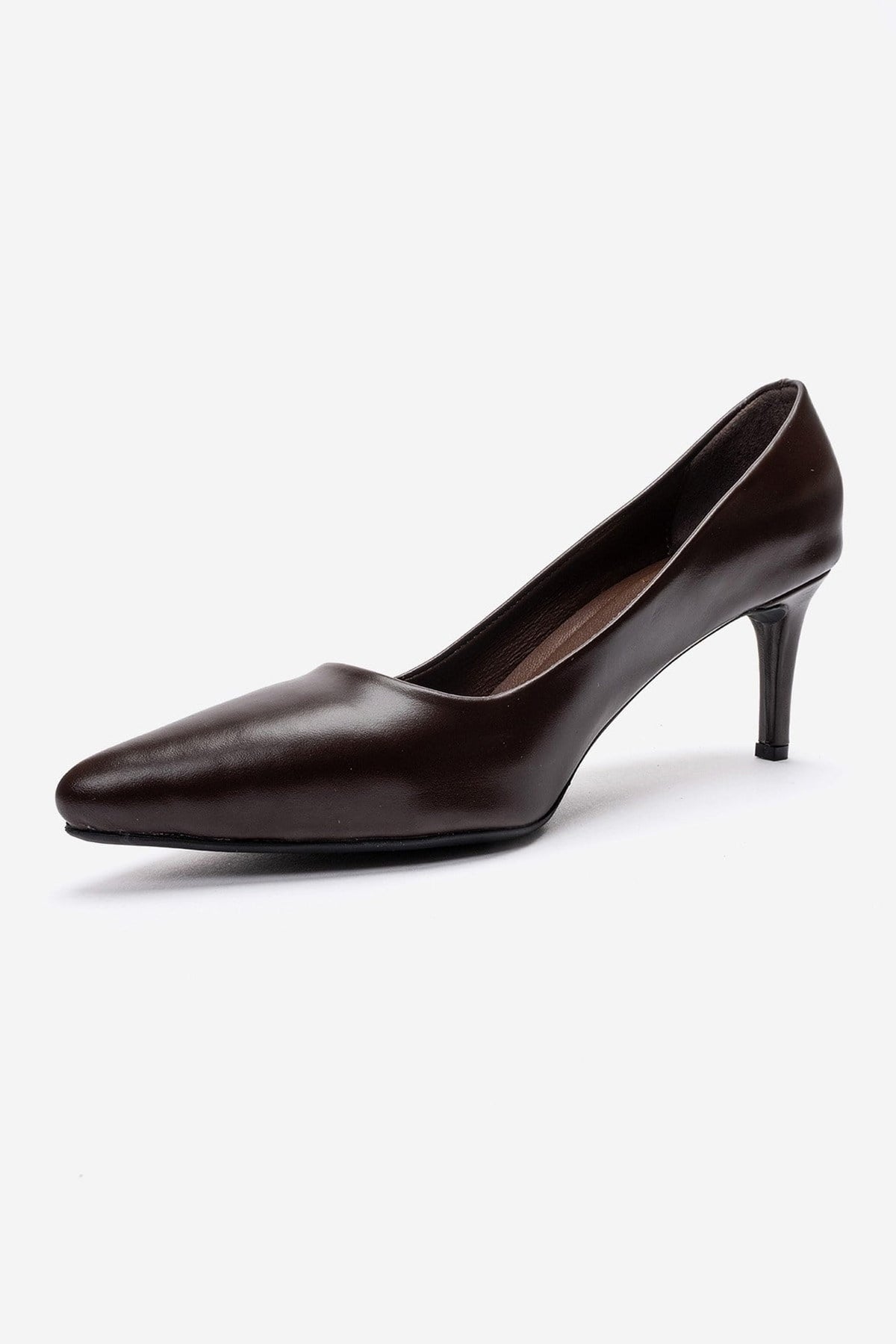 Clyde - Brown Genuine Leather Stiletto Pump – top view showing leather, Vowalisse