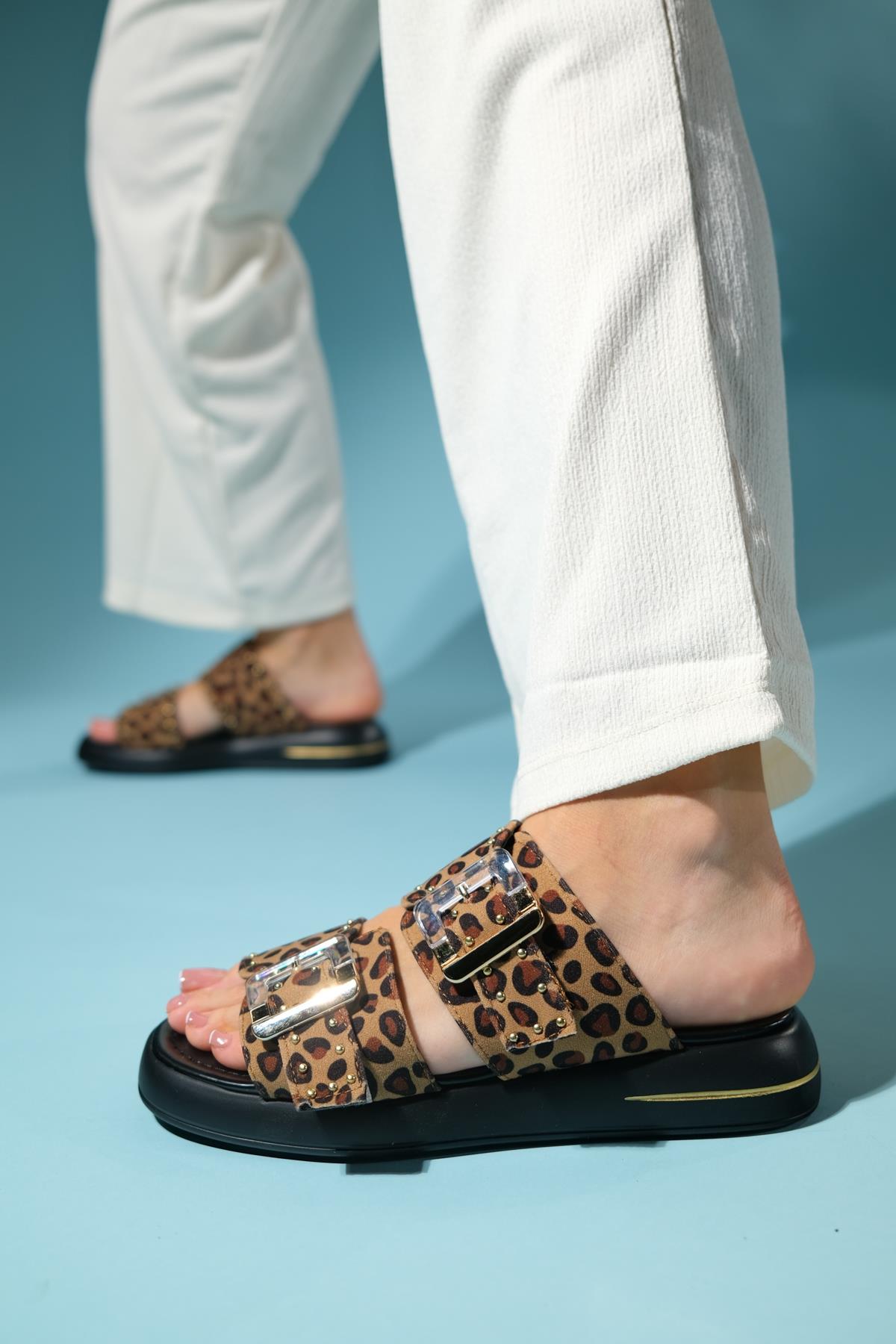 Zley Leopard Buckle Sandal – side view showing leather, red, Vowalisse