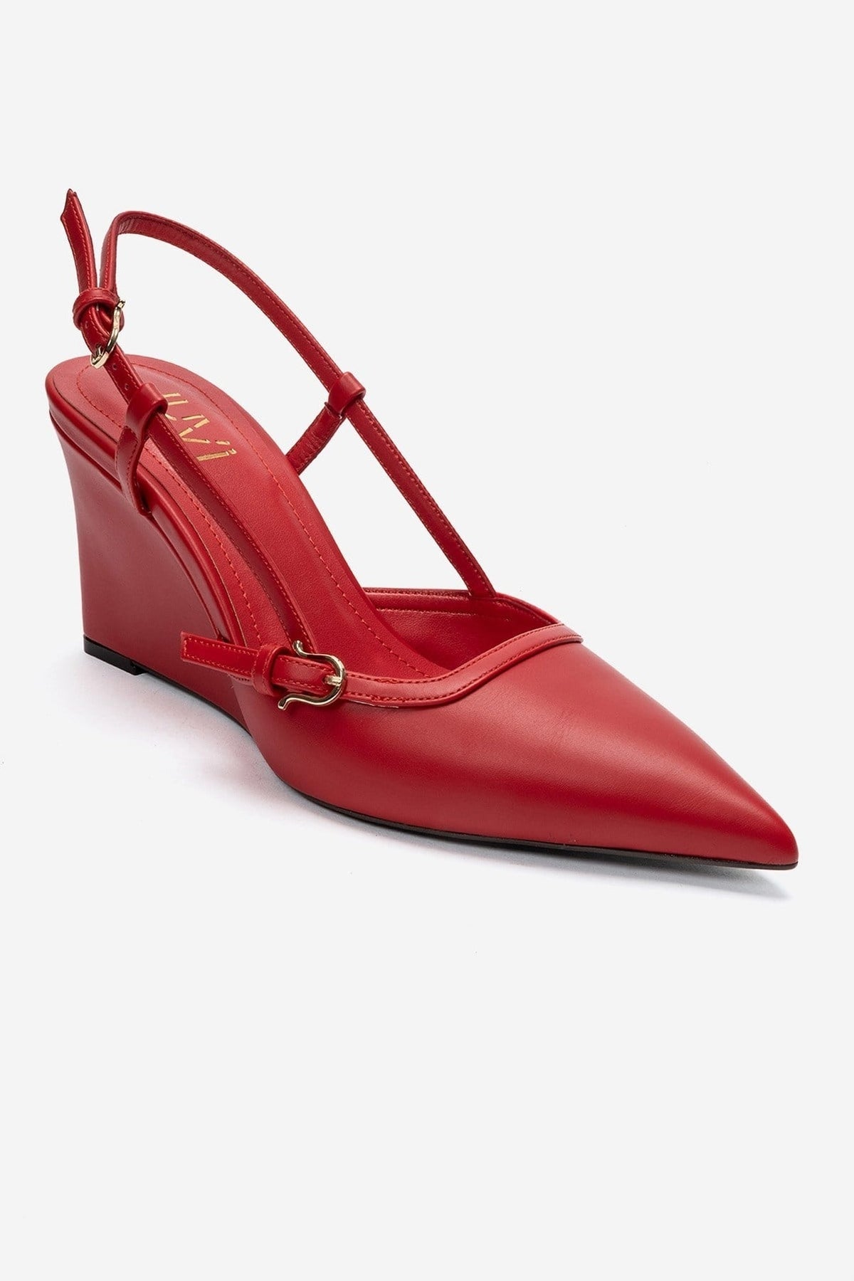 CELIA - Red Pointed Toe Wedge Heel Shoe – detail view showing leather, red, Vowalisse