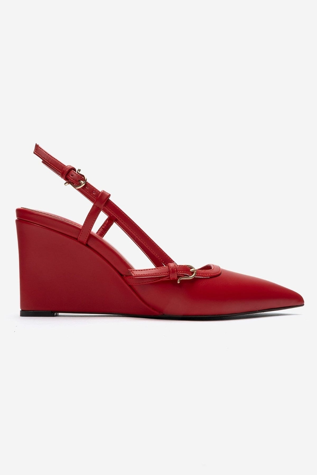 CELIA - Red Pointed Toe Wedge Heel Shoe – heel view showing leather, red, Vowalisse