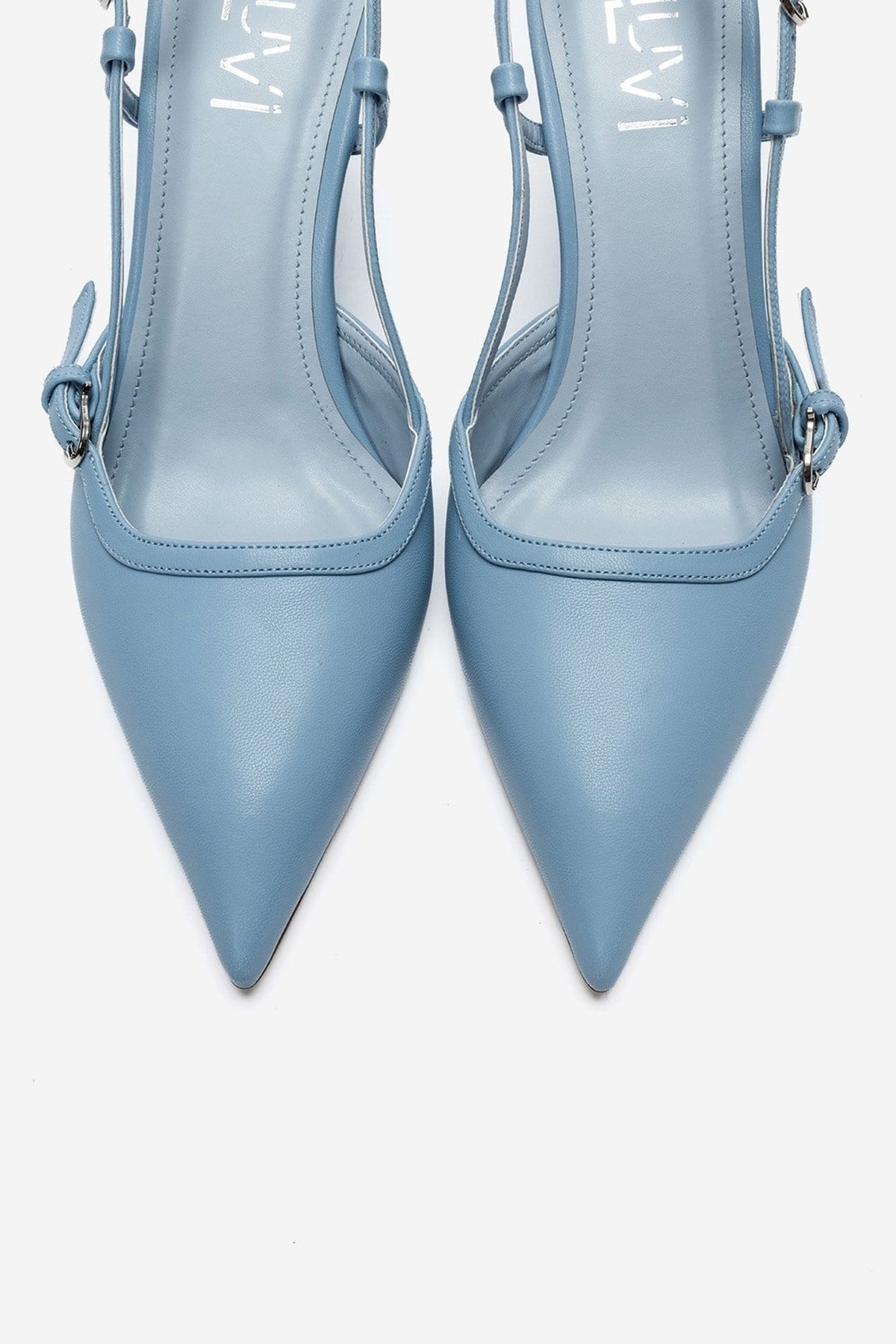 CELIA - Blue Pointed Toe Wedge Heel Shoe – side view showing leather, blue, Vowalisse