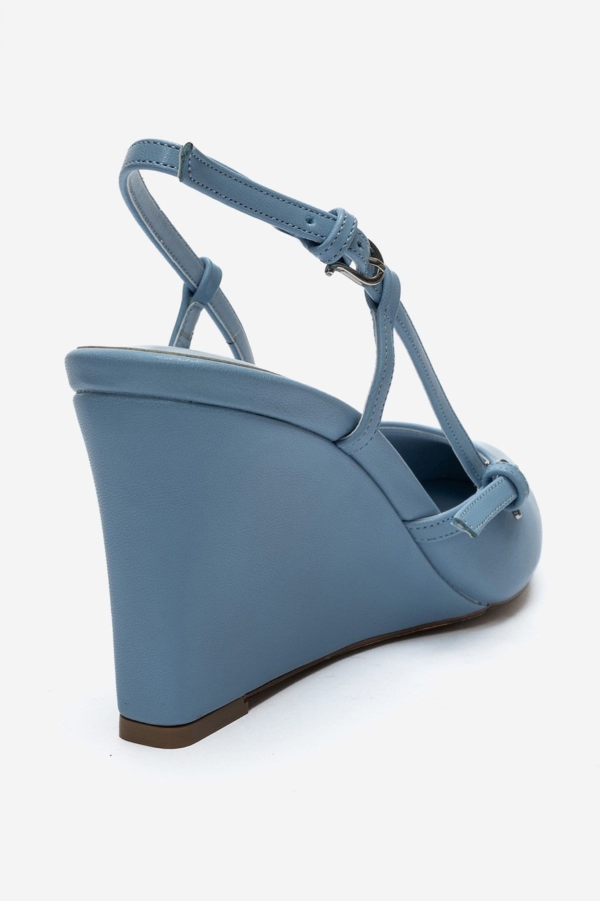 CELIA - Blue Pointed Toe Wedge Heel Shoe – back view showing leather, blue, Vowalisse
