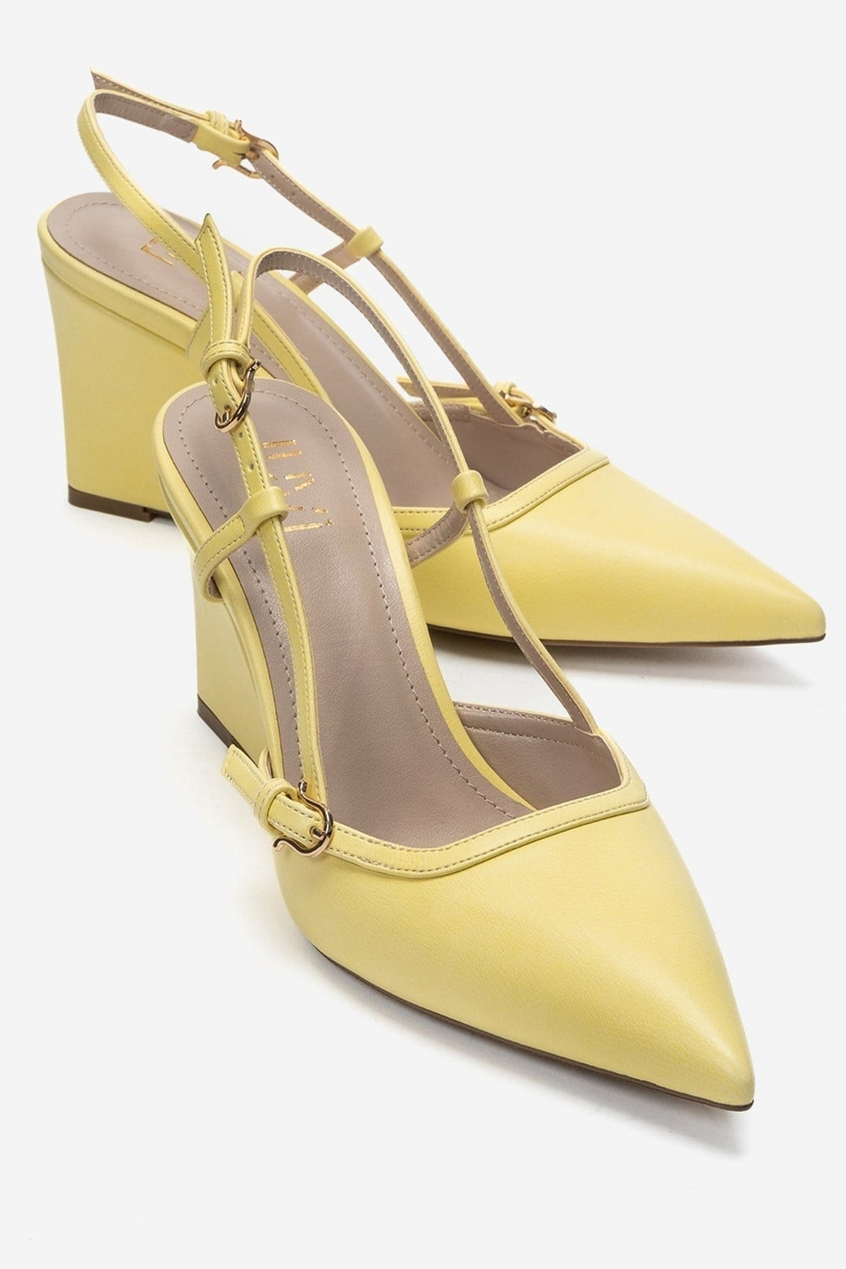 CELIA - Yellow Pointed Toe Wedge Heel Shoe – front three-quarter view showing leather, Vowalisse