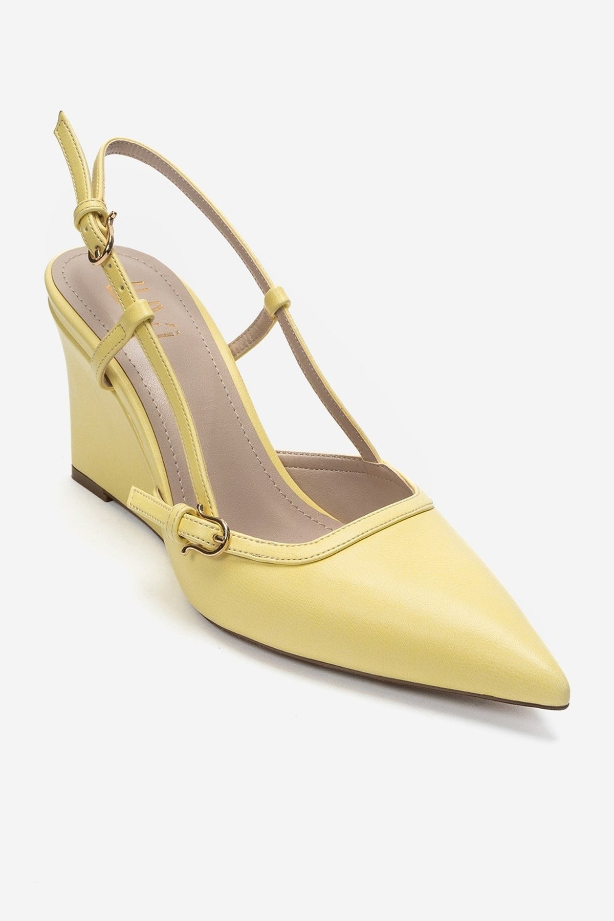 CELIA - Yellow Pointed Toe Wedge Heel Shoe – detail view showing leather, Vowalisse