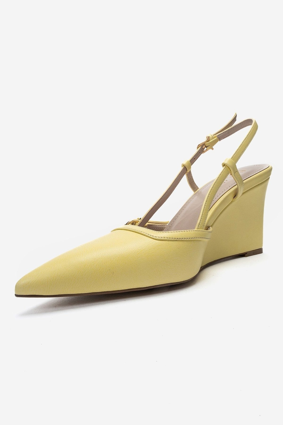 CELIA - Yellow Pointed Toe Wedge Heel Shoe – top view showing leather, Vowalisse