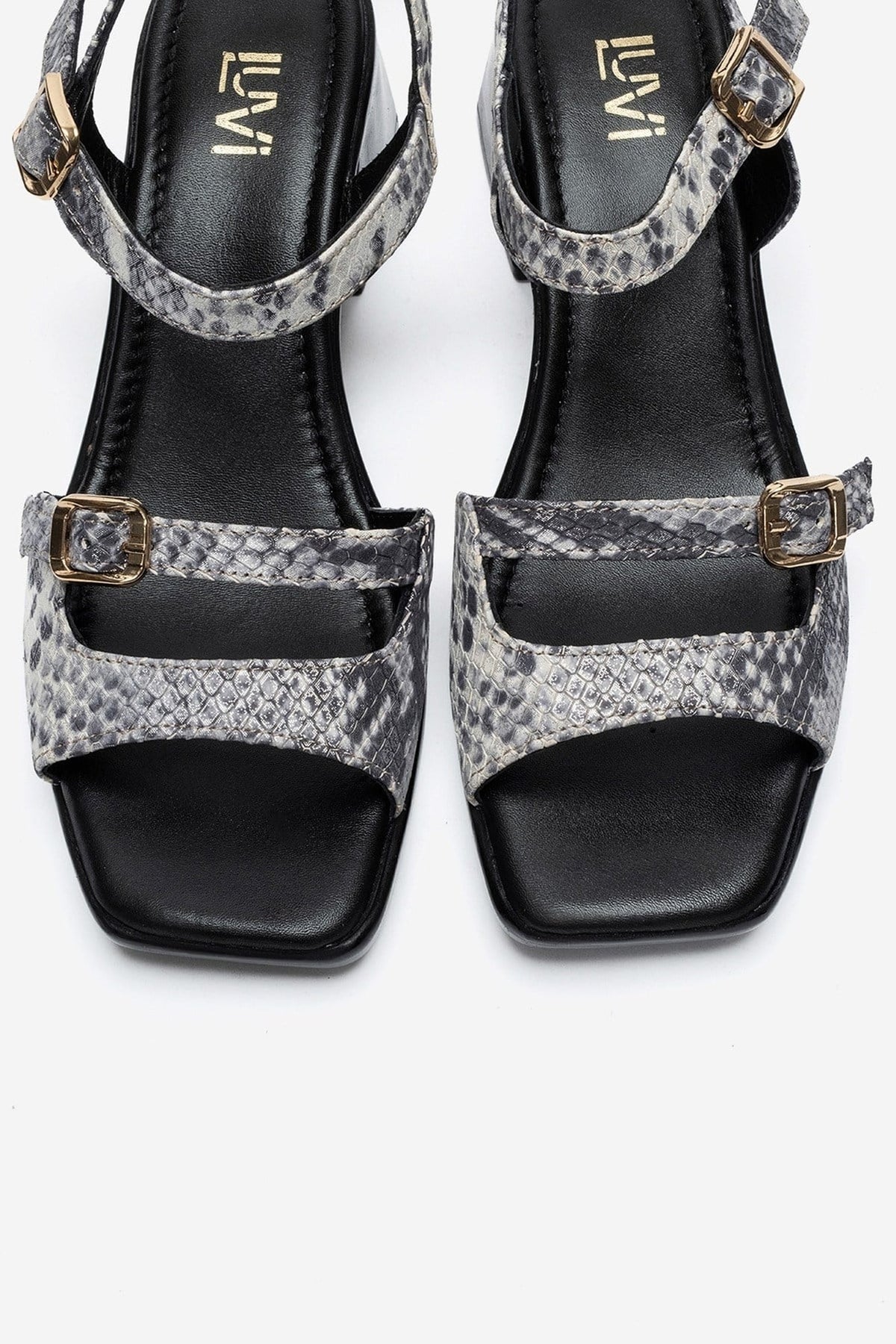 YOLEN - Black Patterned Genuine Leather Block Heel Sandal – side view showing leather, black, red, Vowalisse