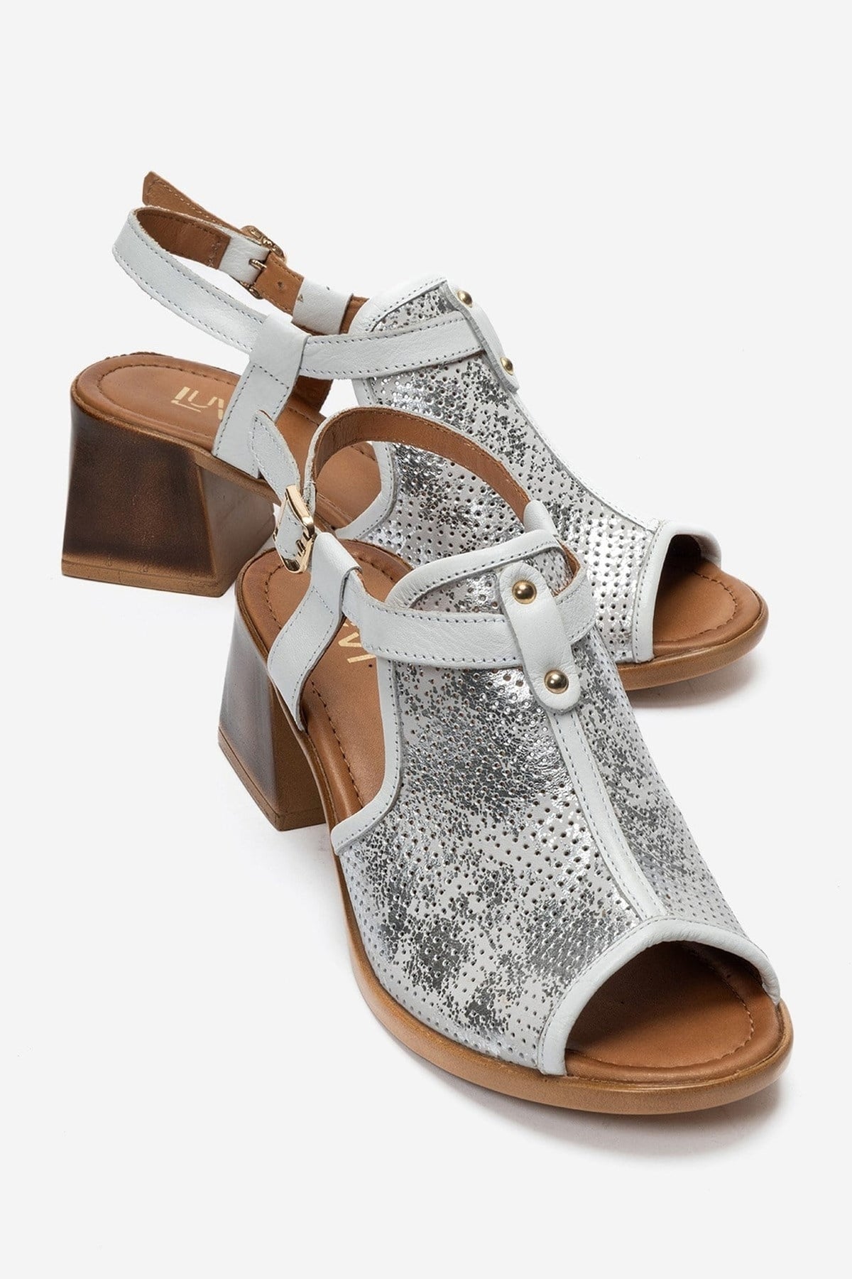 JANELLE - White Genuine Leather Block Heel Sandal – front three-quarter view showing leather, metallic, white, Vowalisse
