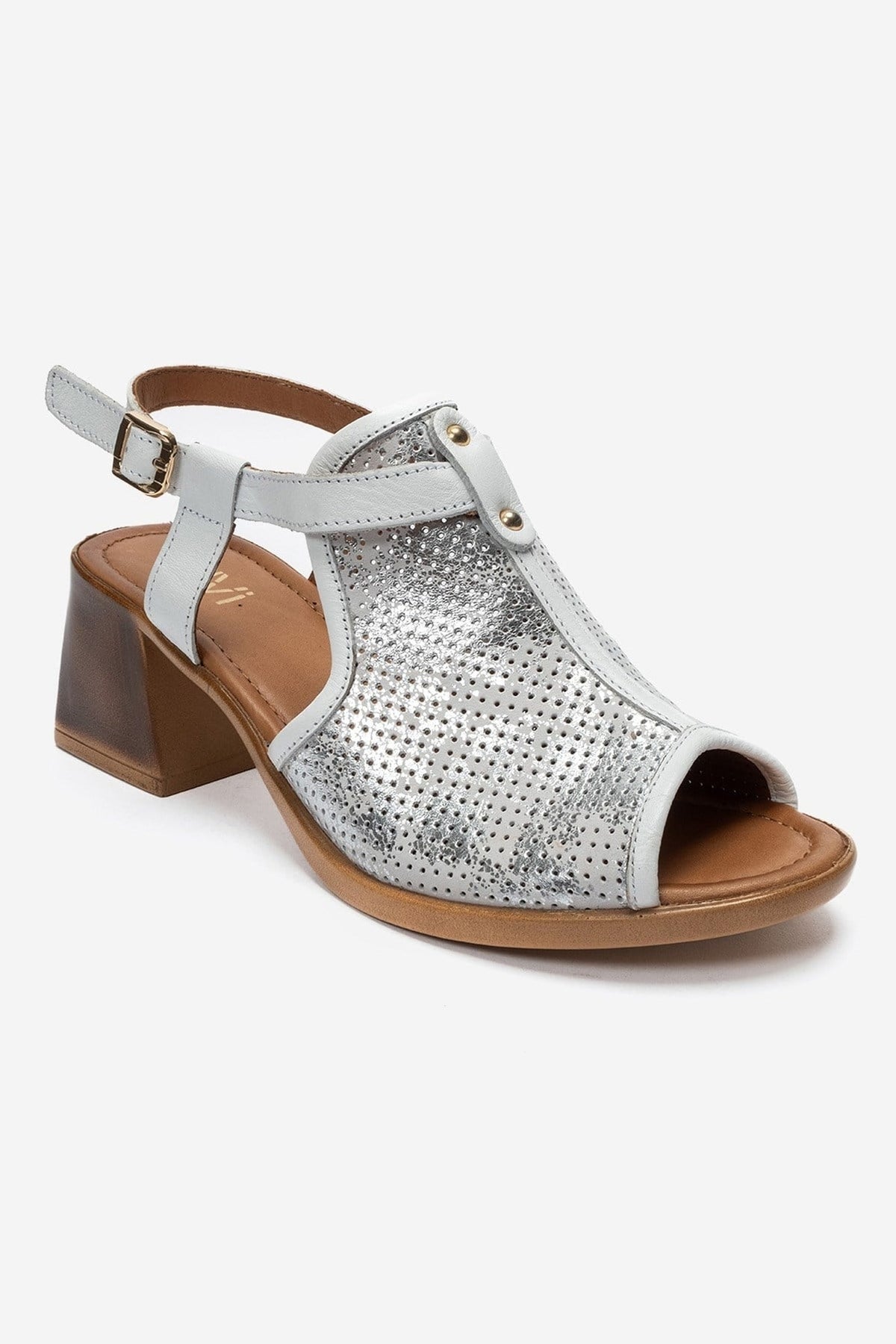 JANELLE - White Genuine Leather Block Heel Sandal – detail view showing leather, metallic, white, Vowalisse