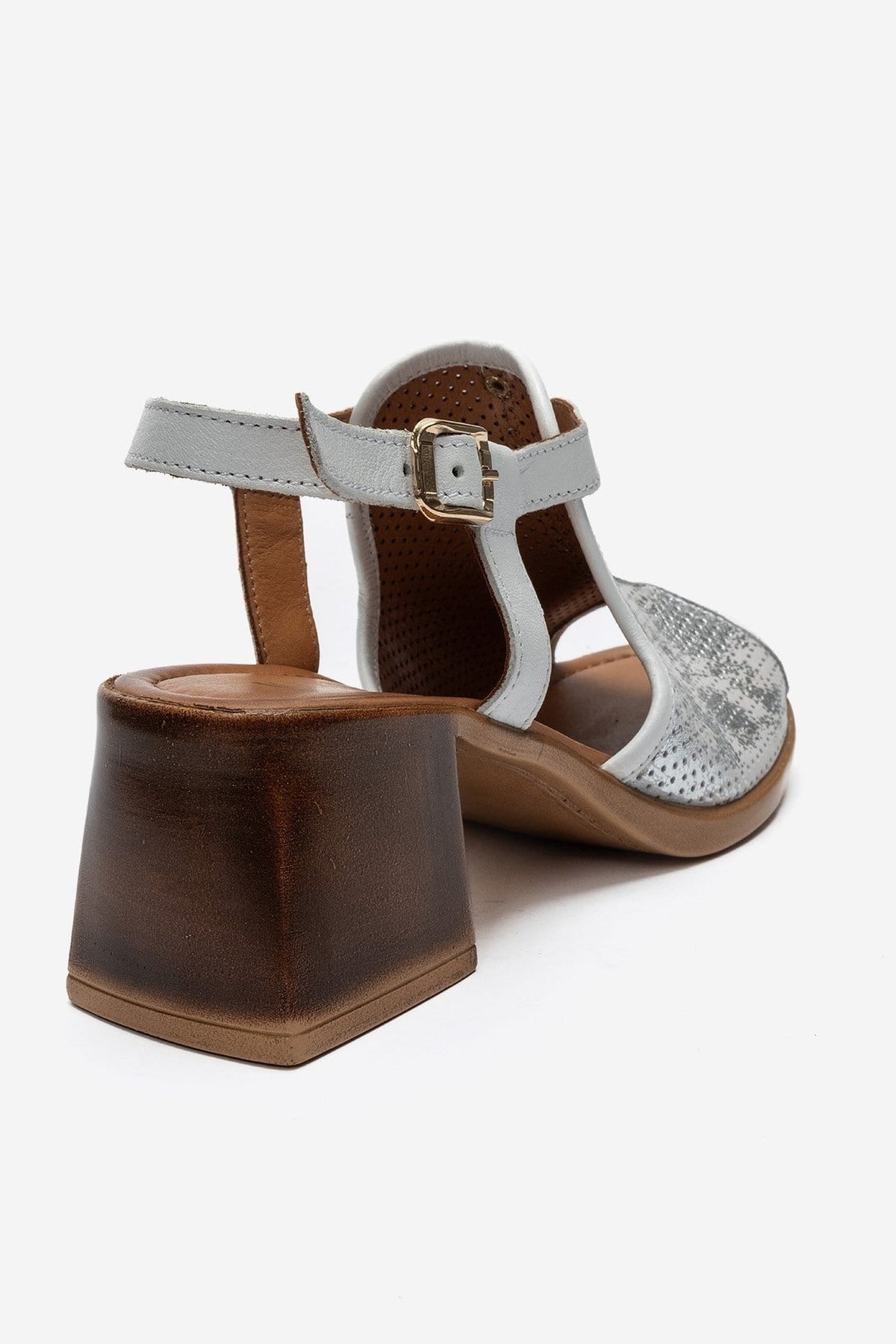 JANELLE - White Genuine Leather Block Heel Sandal – back view showing leather, metallic, white, Vowalisse