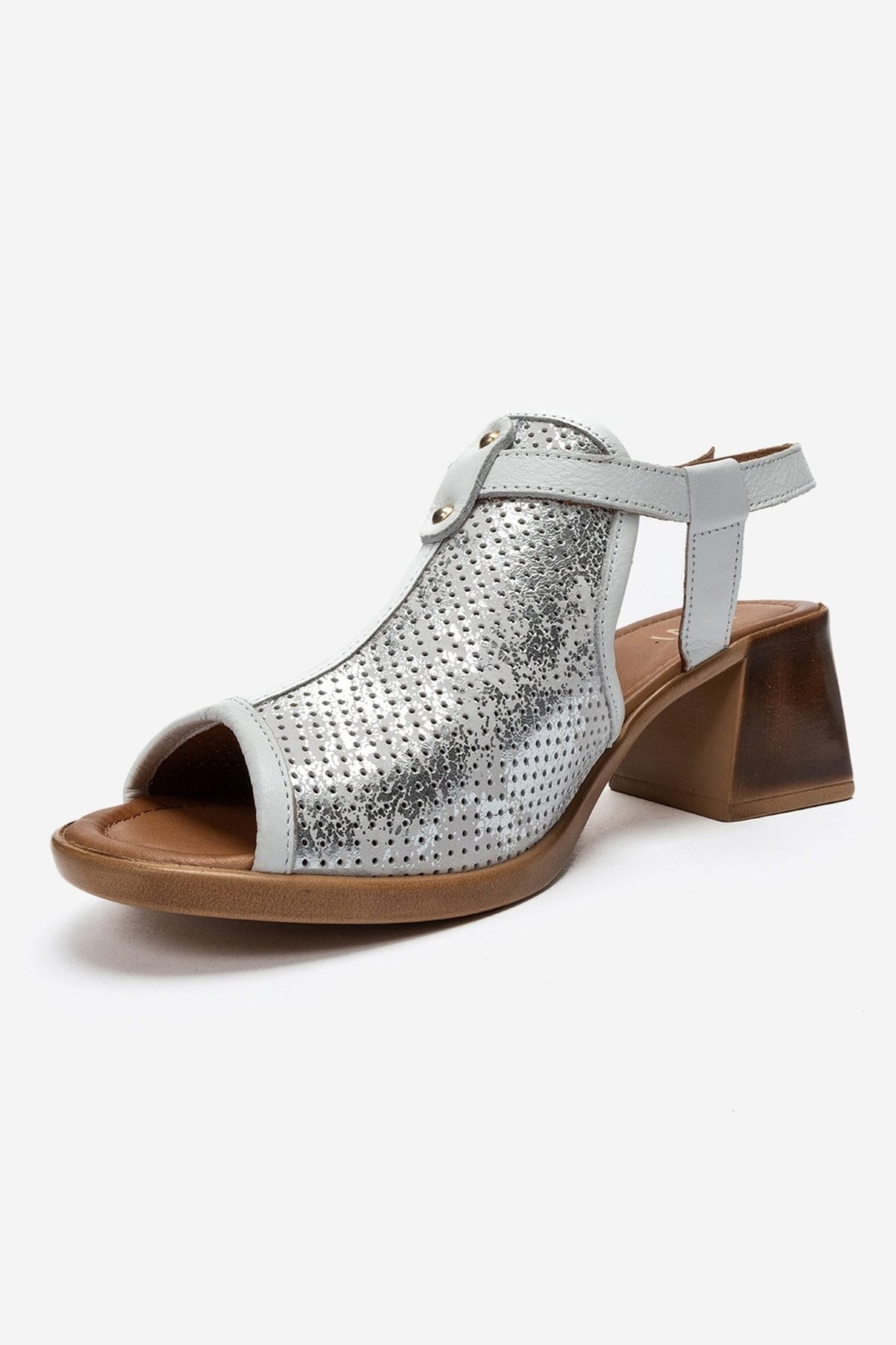 JANELLE - White Genuine Leather Block Heel Sandal – top view showing leather, metallic, white, Vowalisse