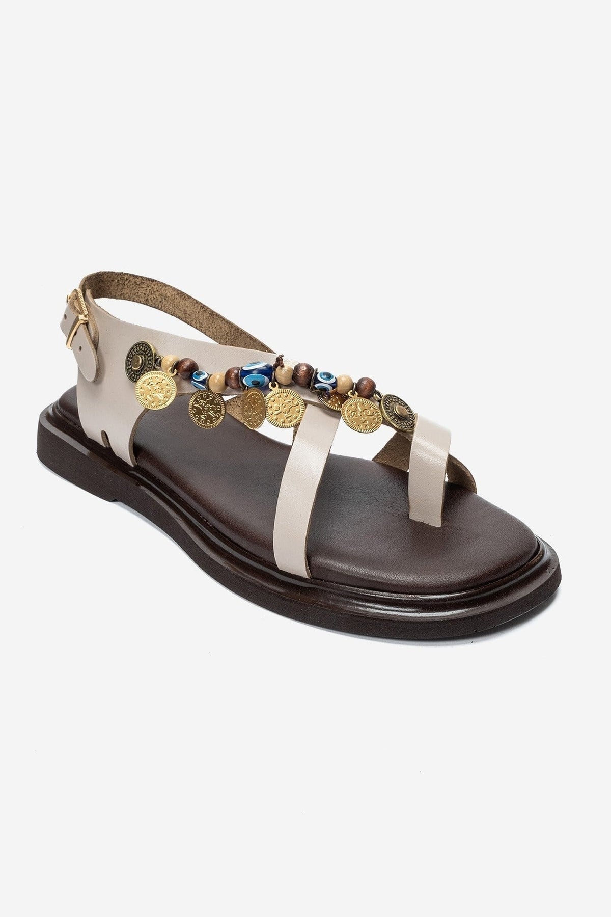 HUSH - Cream Genuine Leather Beaded Toe-Post Sandal – detail view showing leather, beaded, Vowalisse