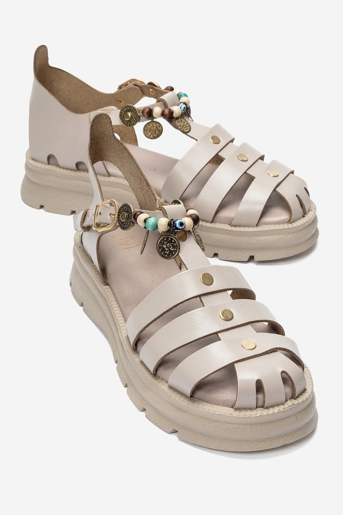 SOLIS - Cream Genuine Leather Beaded Sandal – front three-quarter view showing leather, beaded, Vowalisse