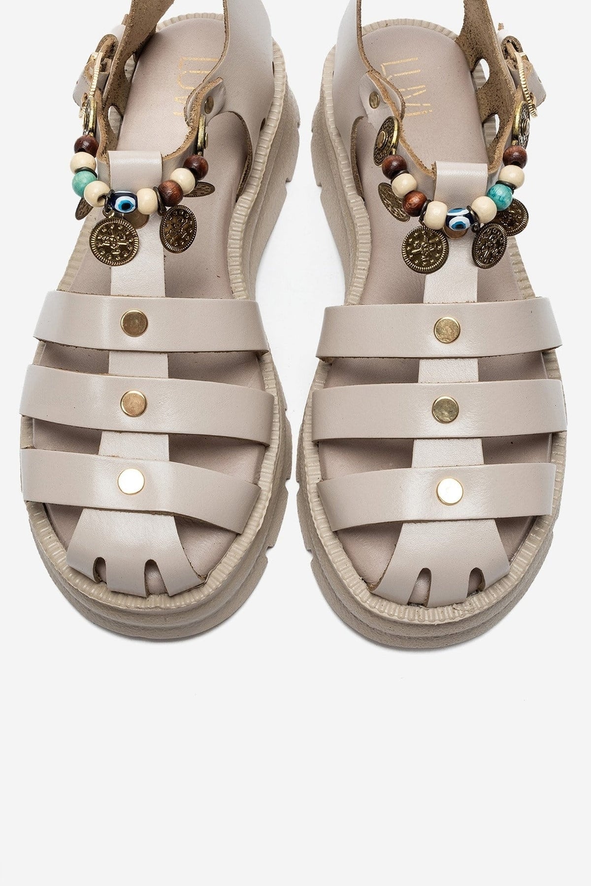 SOLIS - Cream Genuine Leather Beaded Sandal – side view showing leather, beaded, Vowalisse
