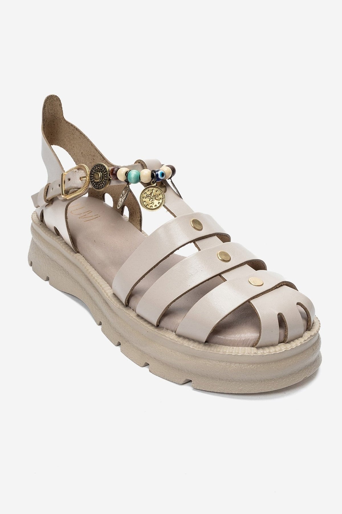 SOLIS - Cream Genuine Leather Beaded Sandal – detail view showing leather, beaded, Vowalisse