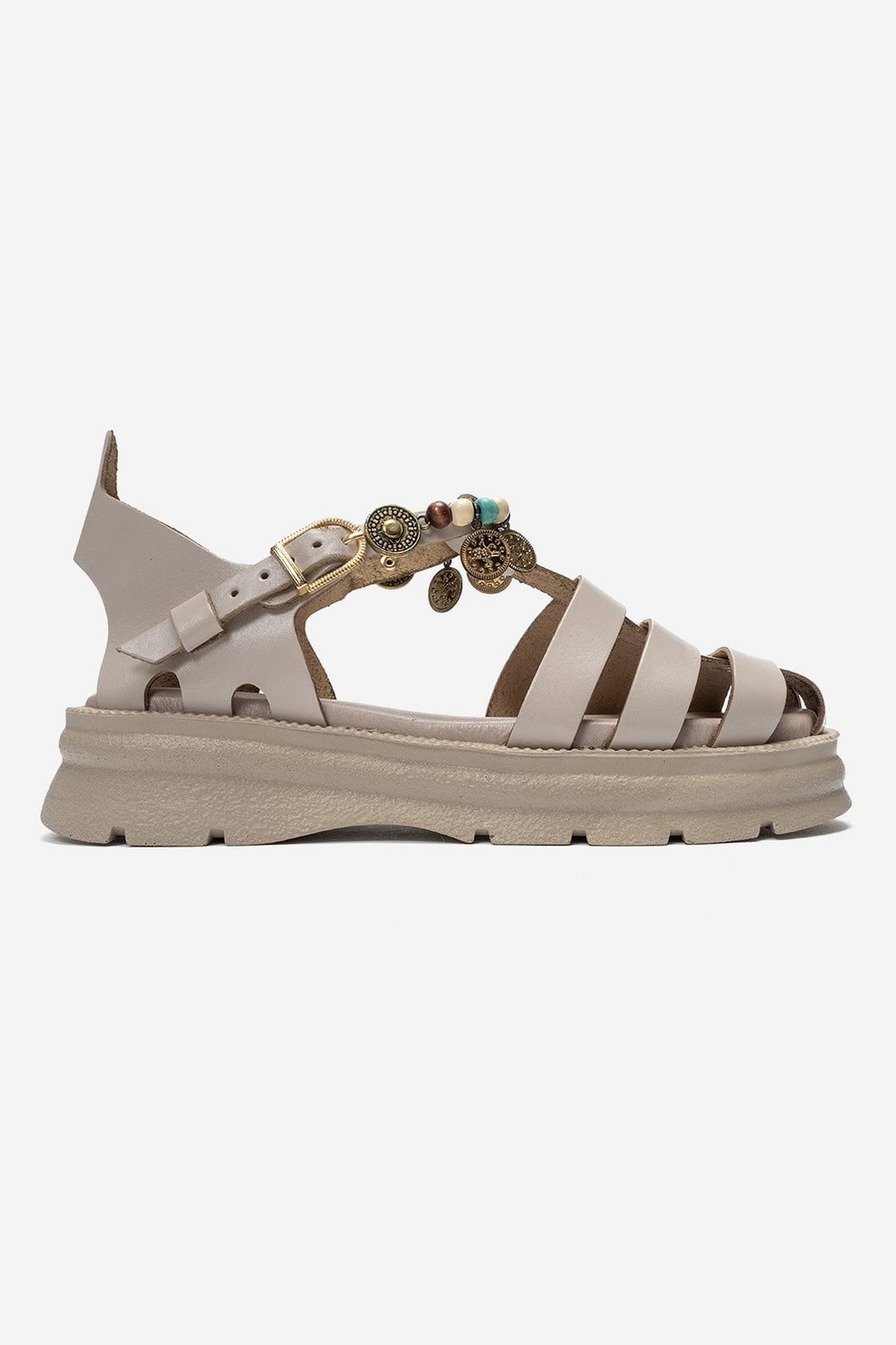 SOLIS - Cream Genuine Leather Beaded Sandal – heel view showing leather, beaded, Vowalisse