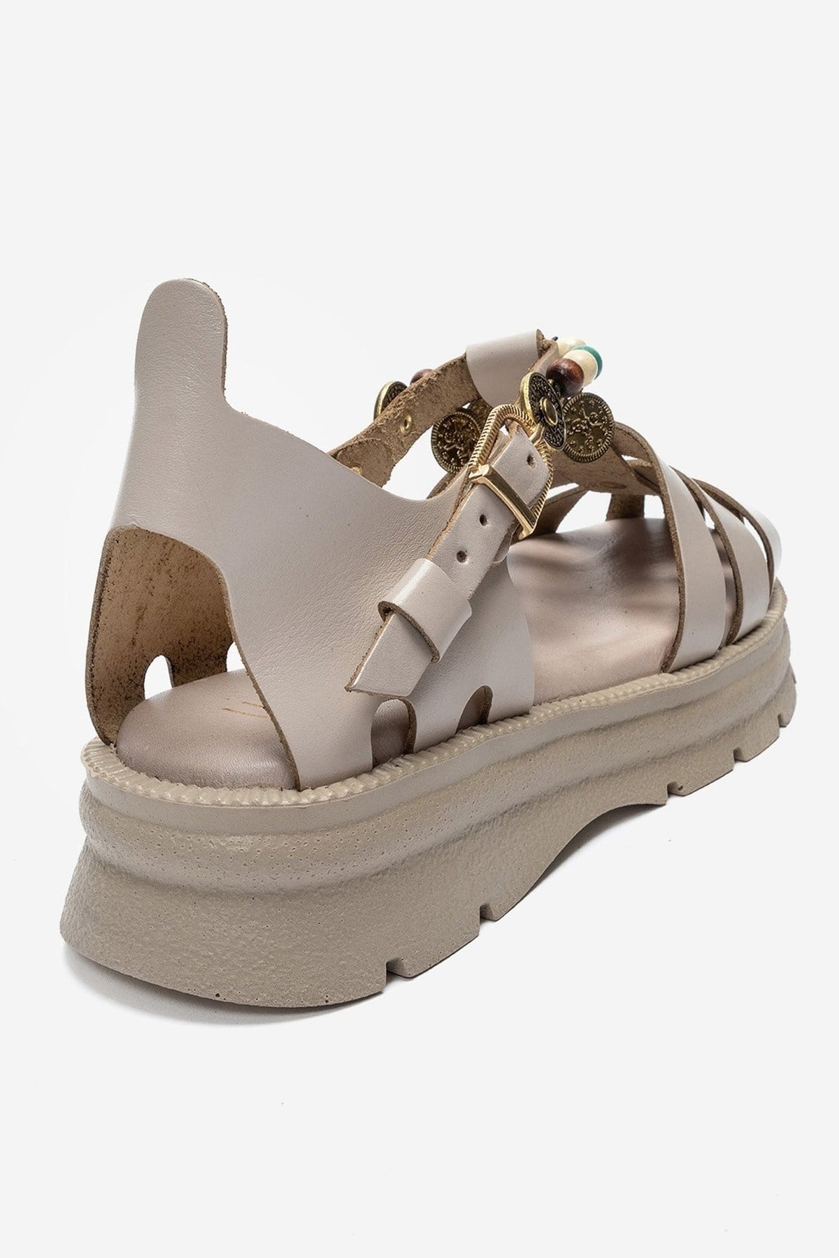 SOLIS - Cream Genuine Leather Beaded Sandal – back view showing leather, beaded, Vowalisse