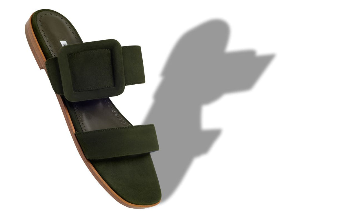 Seraphina Rose Green Open Toe Mules – front three-quarter view showing green open toe, suede, Vowalisse
