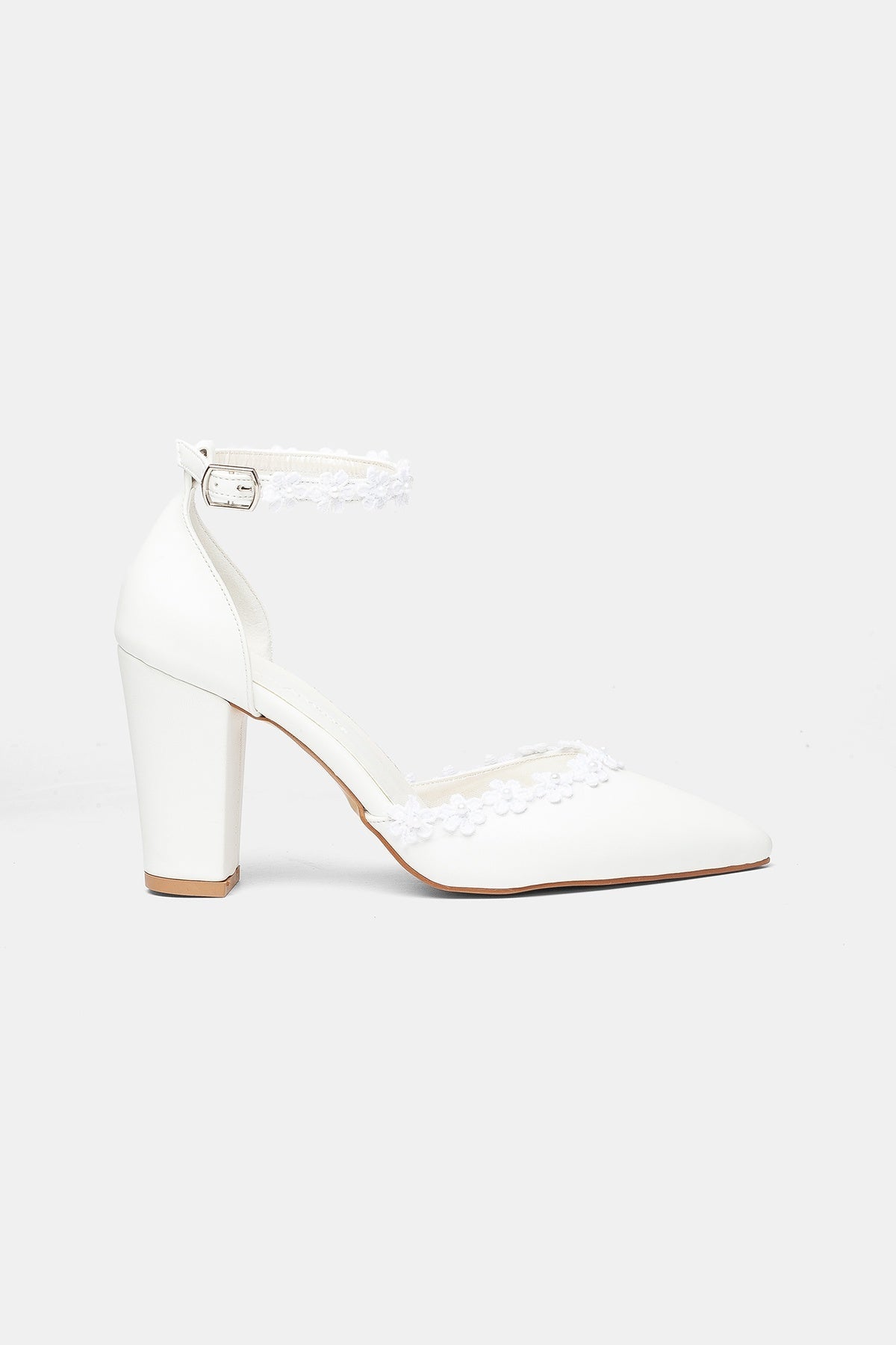 Alisa Lace Block Heel Bridal Pumps – side view showing lace, leather, Vowalisse