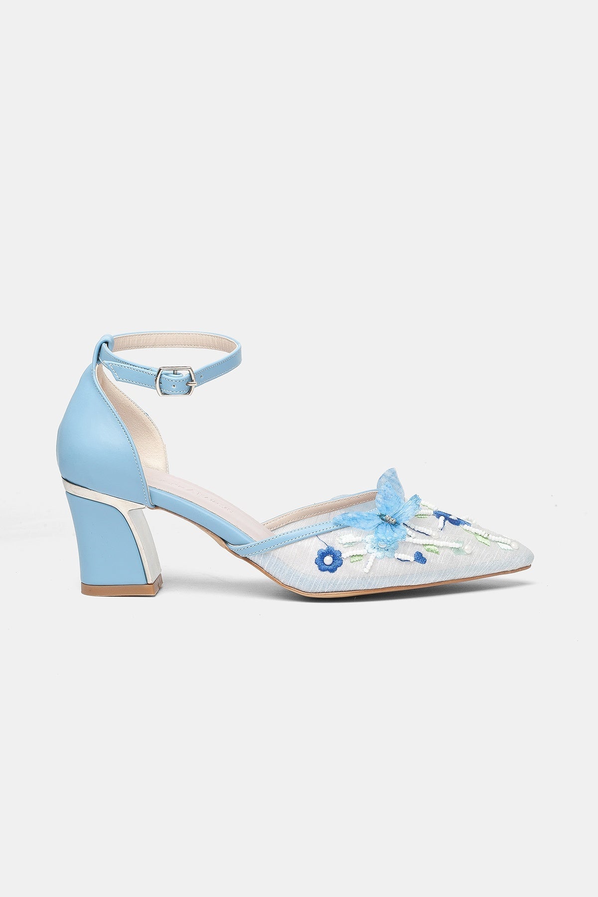 Iry Blue Butterfly Embroidered Mesh Pumps – side view showing mesh, metallic, blue, Vowalisse