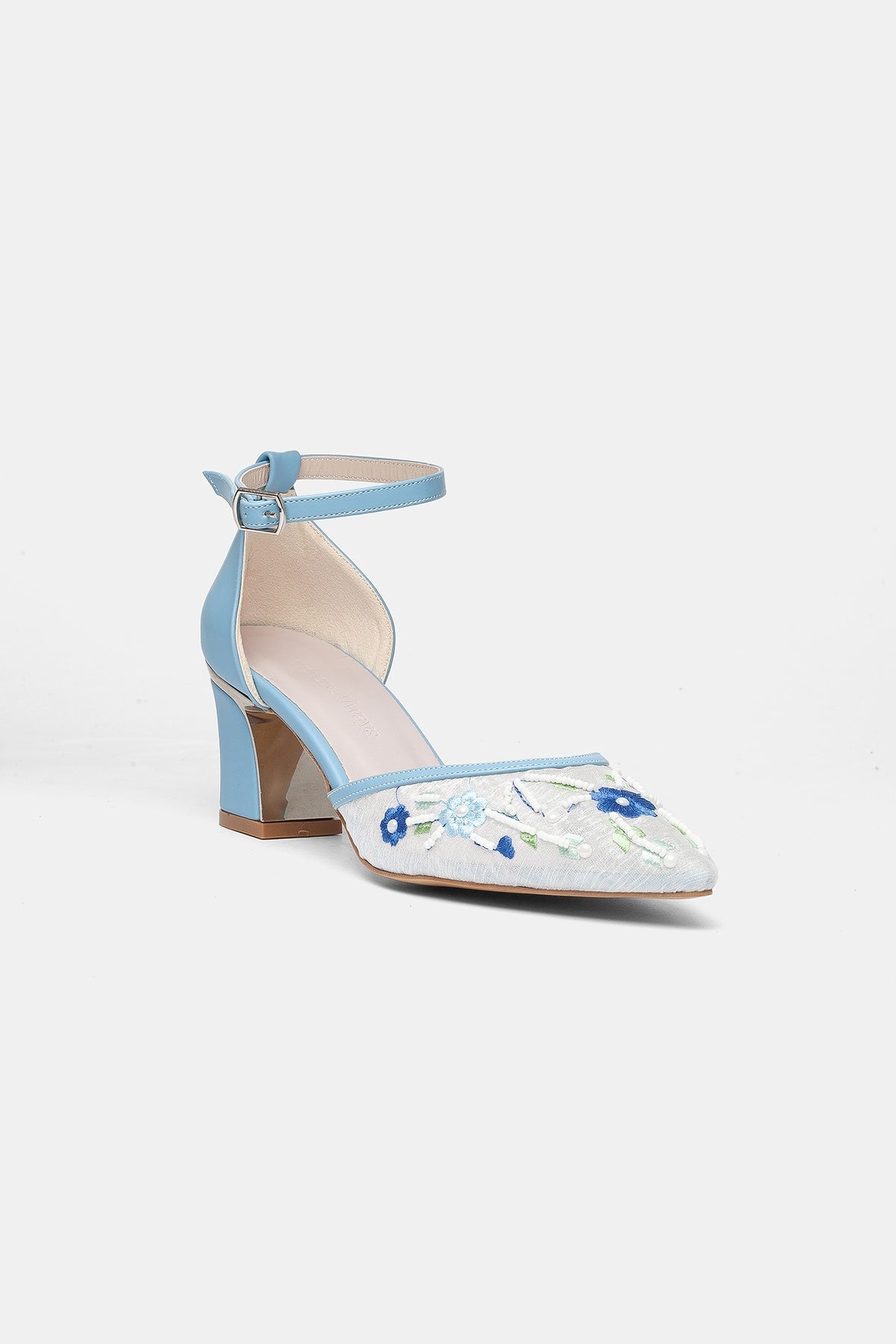 Lorelai Blue Embroidered Mesh Pumps – front three-quarter view showing beaded, mesh, metallic, Vowalisse