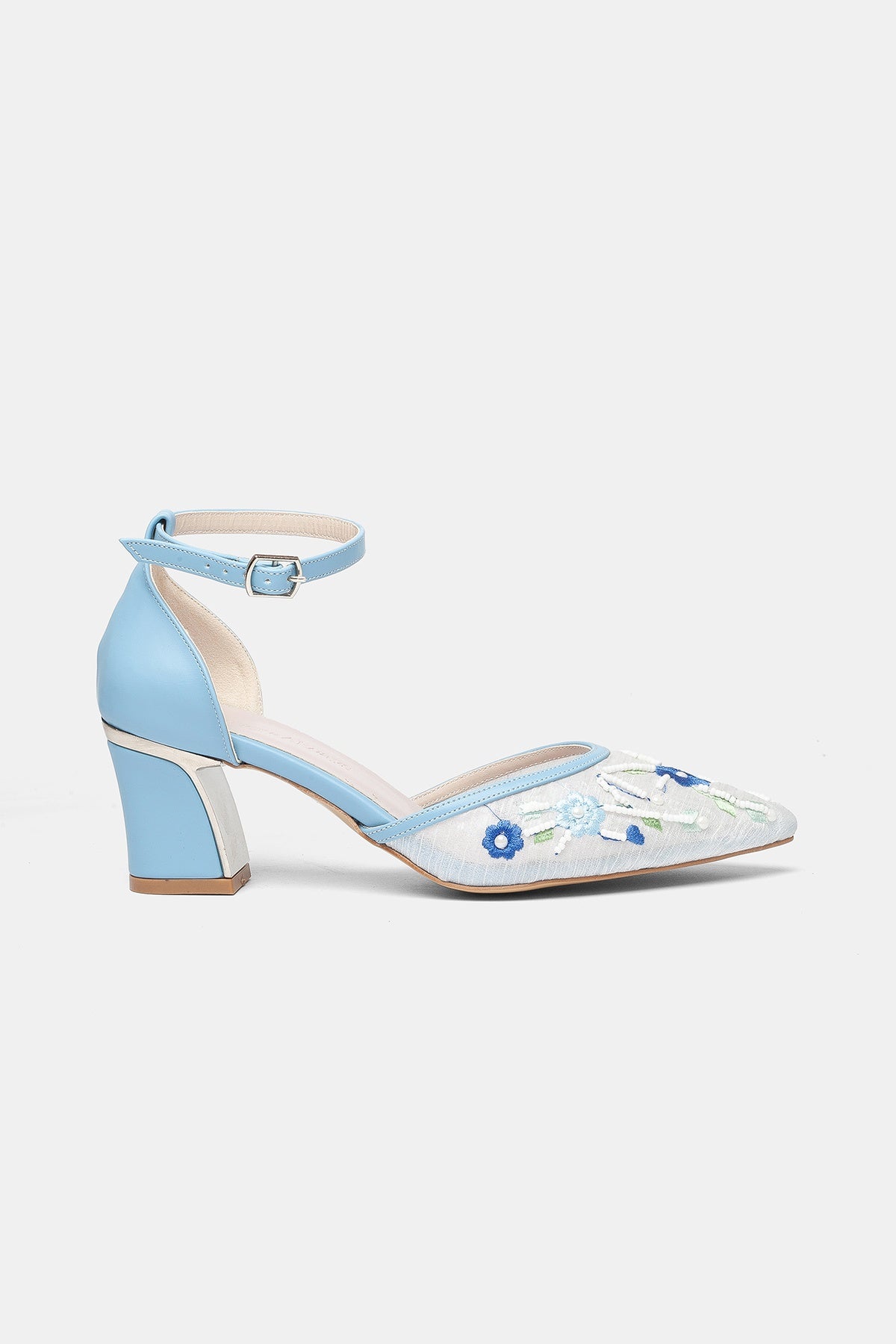 Lorelai Blue Embroidered Mesh Pumps – side view showing beaded, mesh, metallic, Vowalisse