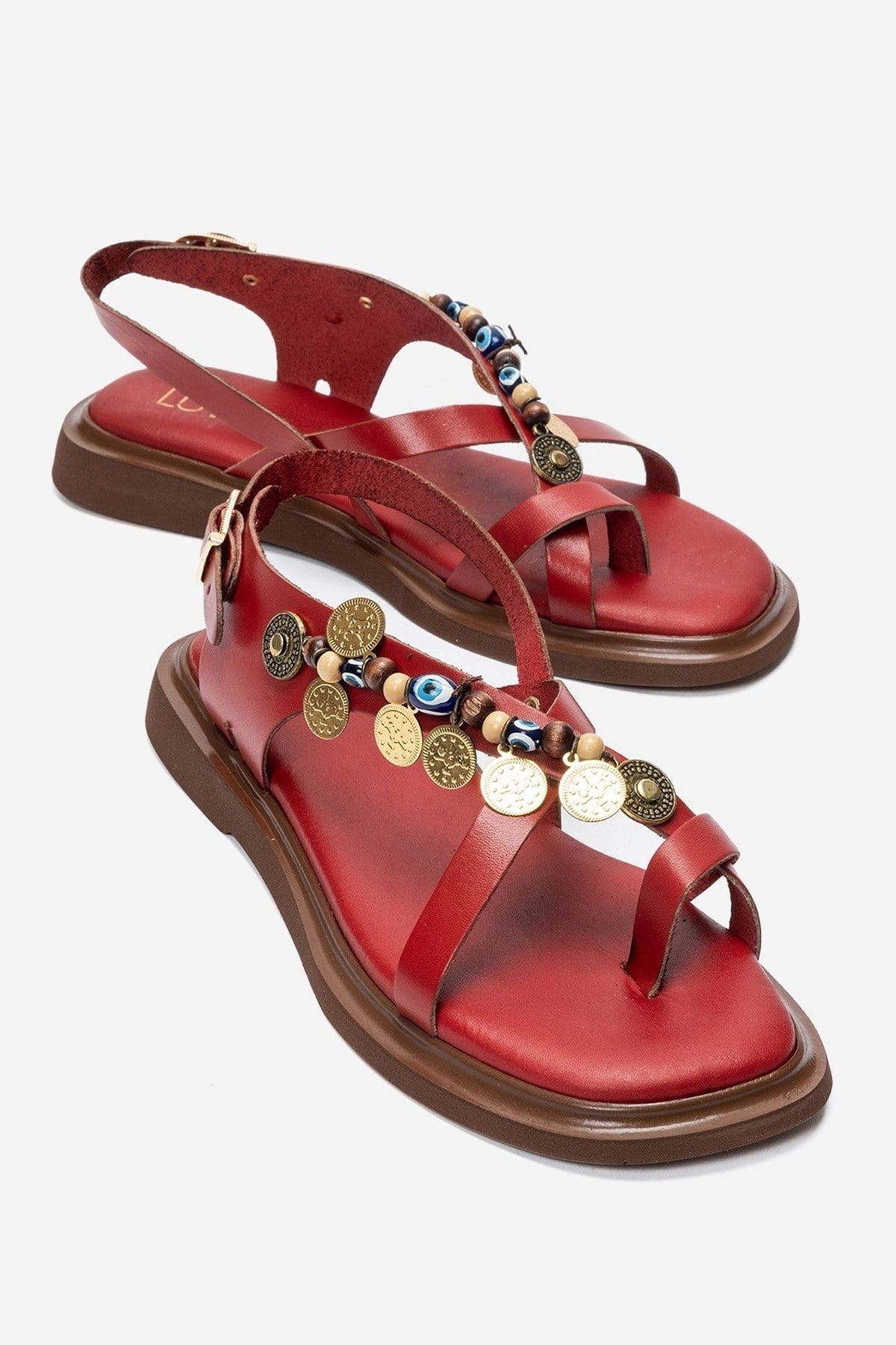 HUSH - Red Genuine Leather Toe-Post Sandal – front three-quarter view showing leather, red, Vowalisse