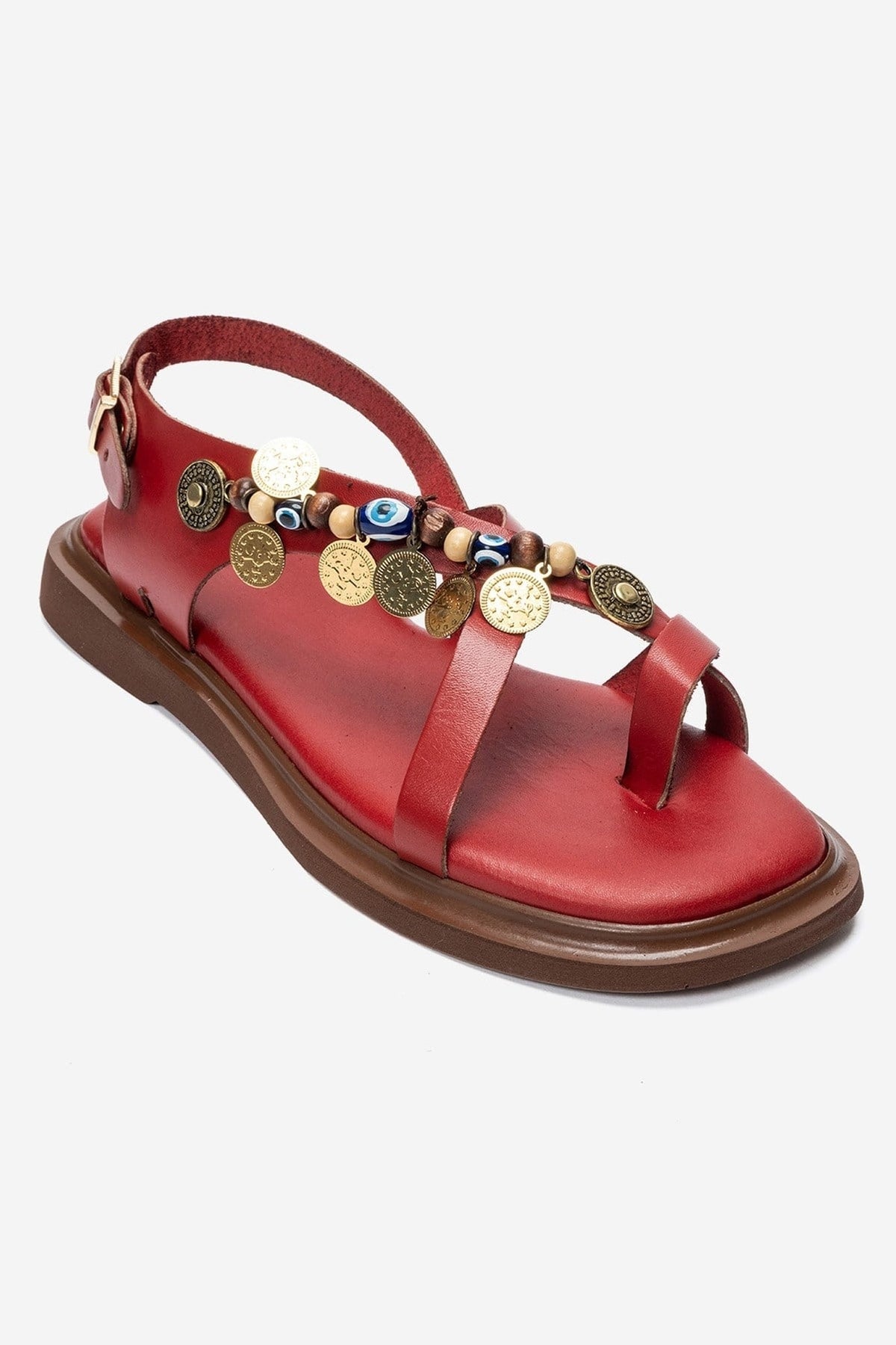 HUSH - Red Genuine Leather Toe-Post Sandal – detail view showing leather, red, Vowalisse