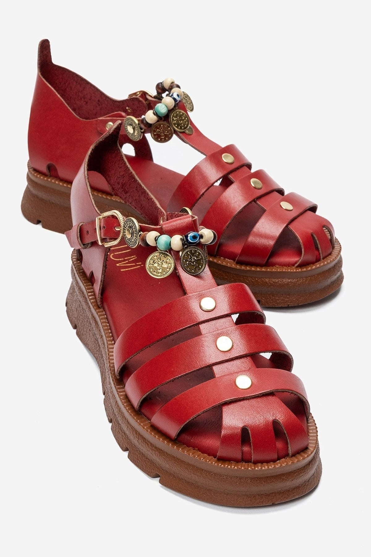 SOLIS - Red Genuine Leather Beaded Sandal – front three-quarter view showing leather, beaded, red, Vowalisse