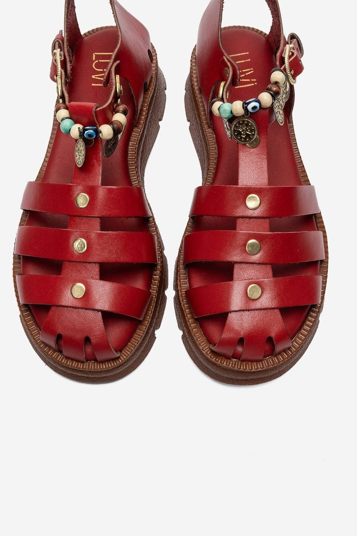 SOLIS - Red Genuine Leather Beaded Sandal – side view showing leather, beaded, red, Vowalisse