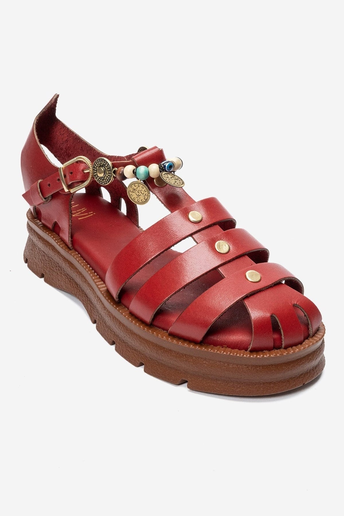 SOLIS - Red Genuine Leather Beaded Sandal – detail view showing leather, beaded, red, Vowalisse