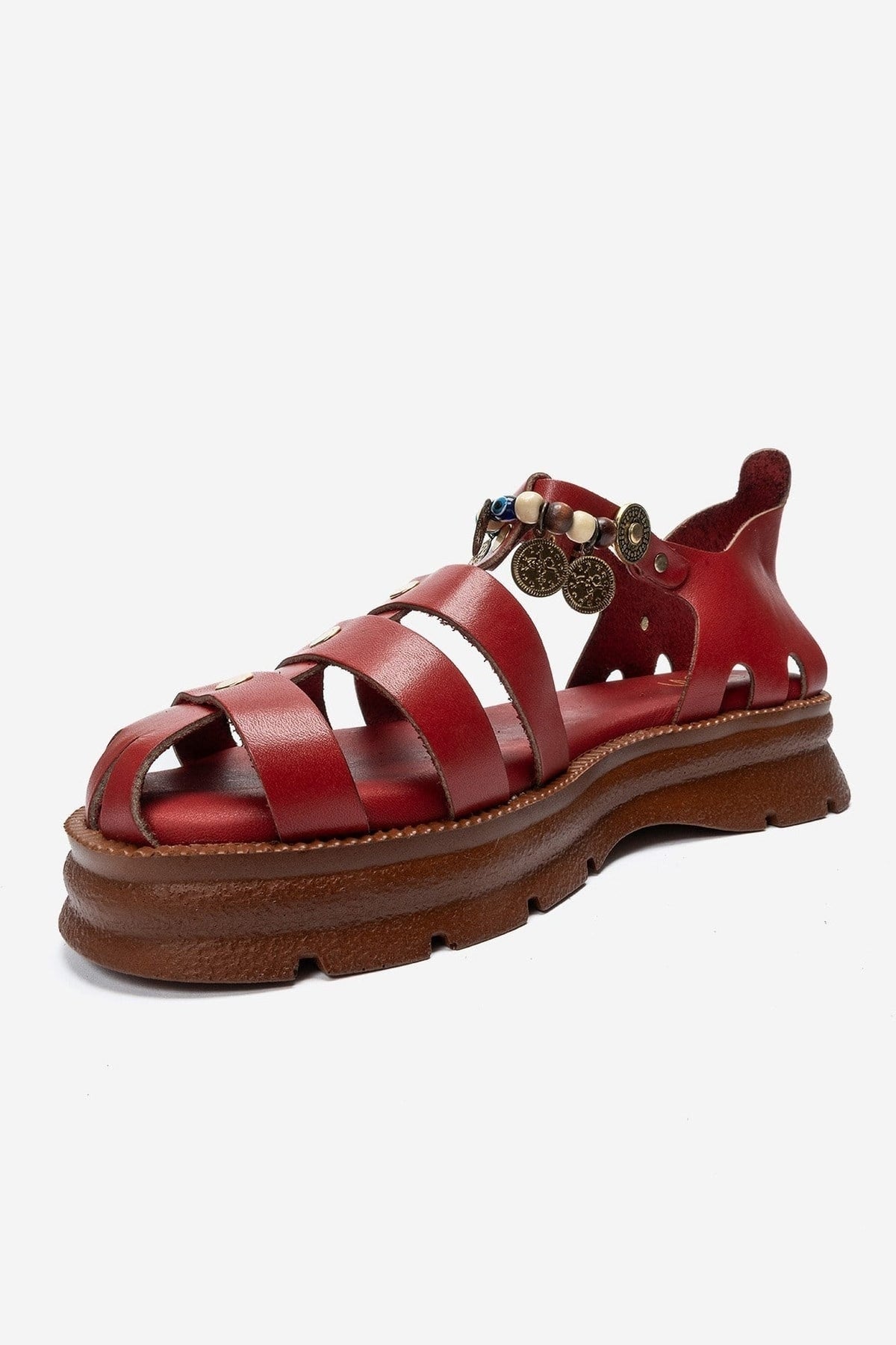 SOLIS - Red Genuine Leather Beaded Sandal – top view showing leather, beaded, red, Vowalisse