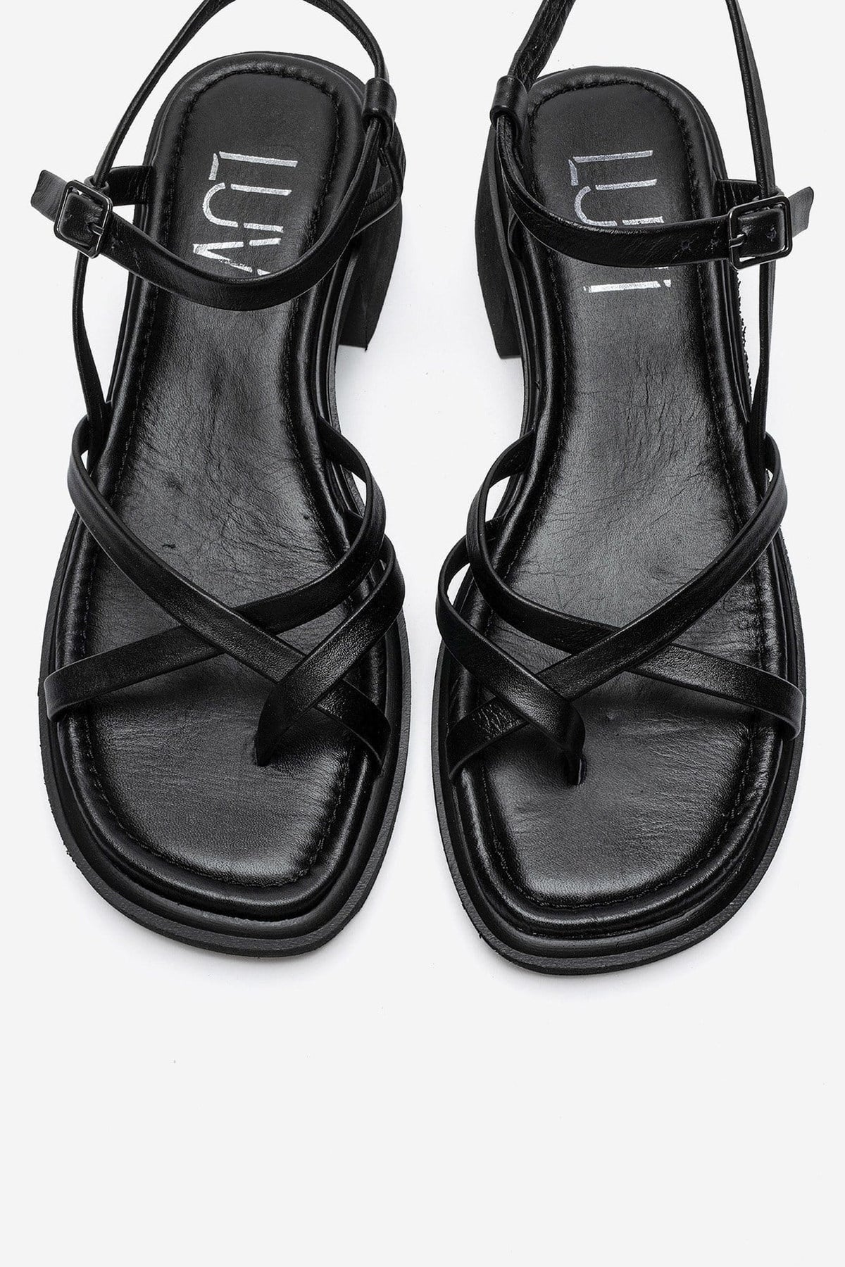 Cirelle - Black Genuine Leather Toe-Post Block Heel Sandal – side view showing leather, black, Vowalisse