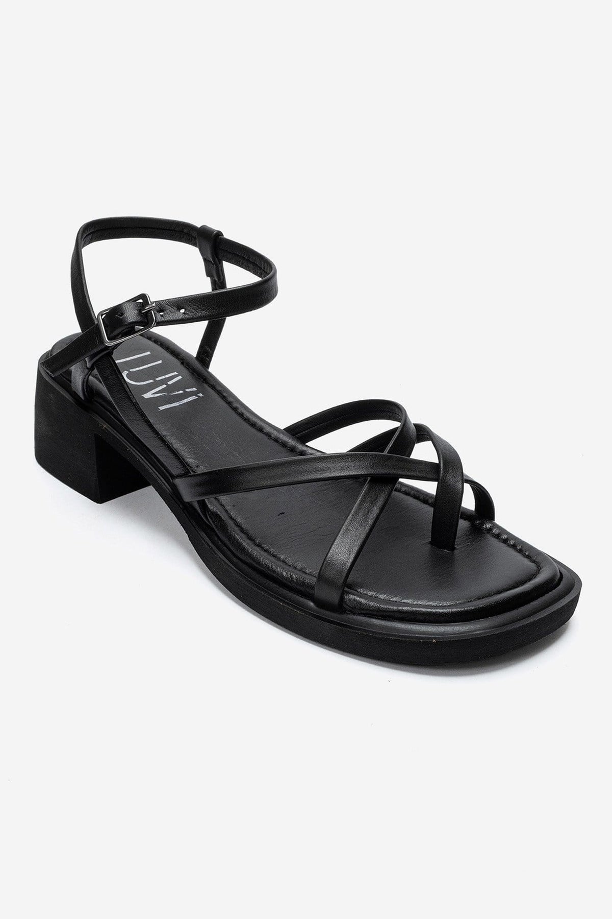 Cirelle - Black Genuine Leather Toe-Post Block Heel Sandal – detail view showing leather, black, Vowalisse